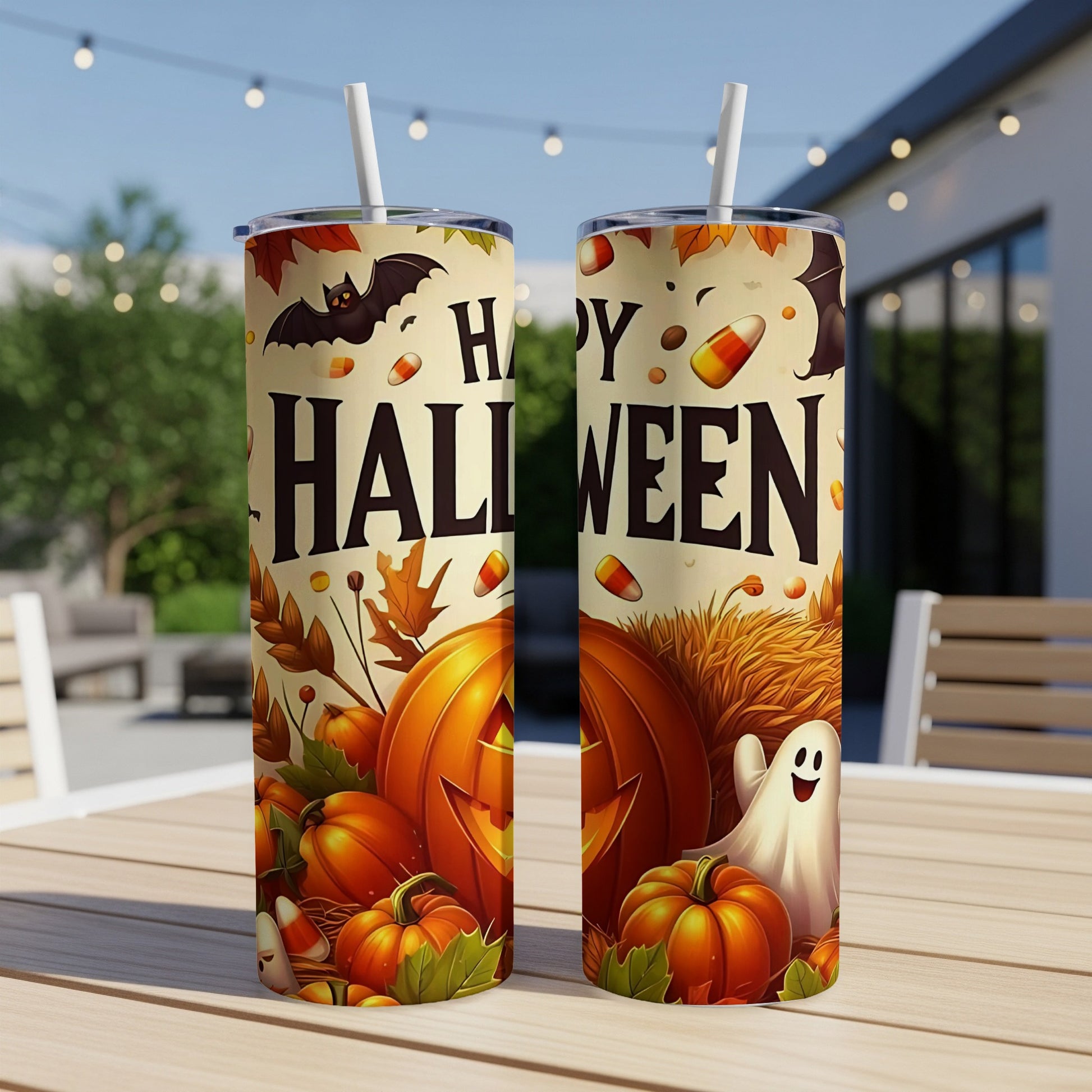 Two tumblers with a Happy Halloween design featuring pumpkins, bats, ghosts, and candy corn.