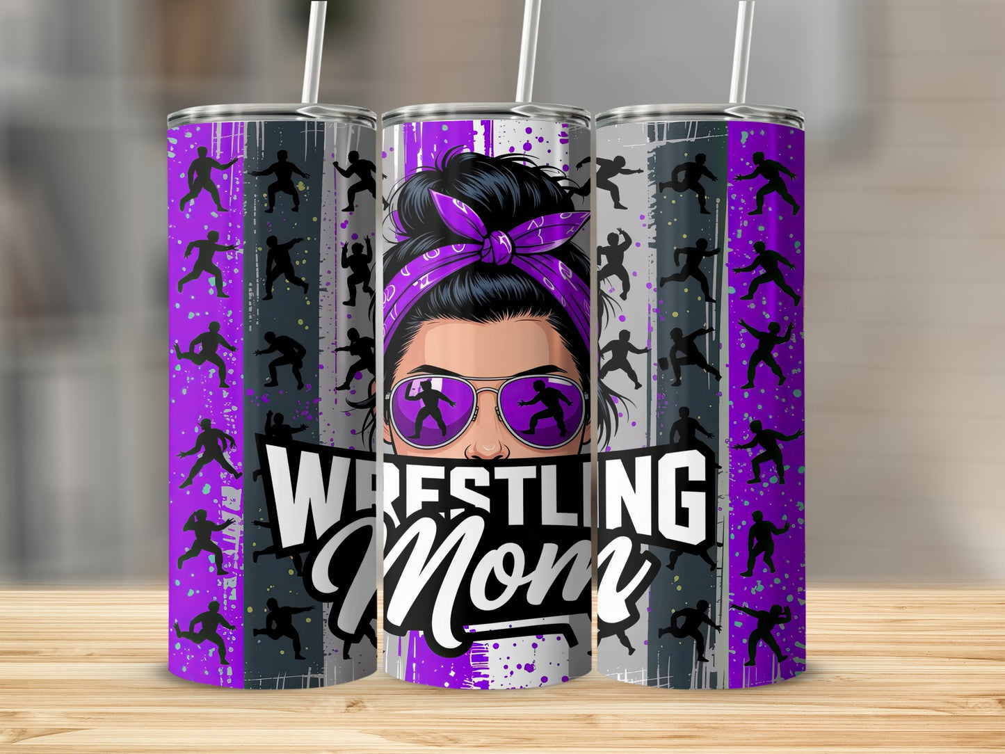 Wrestling Mom tumbler with purple and gray wrestler pattern.