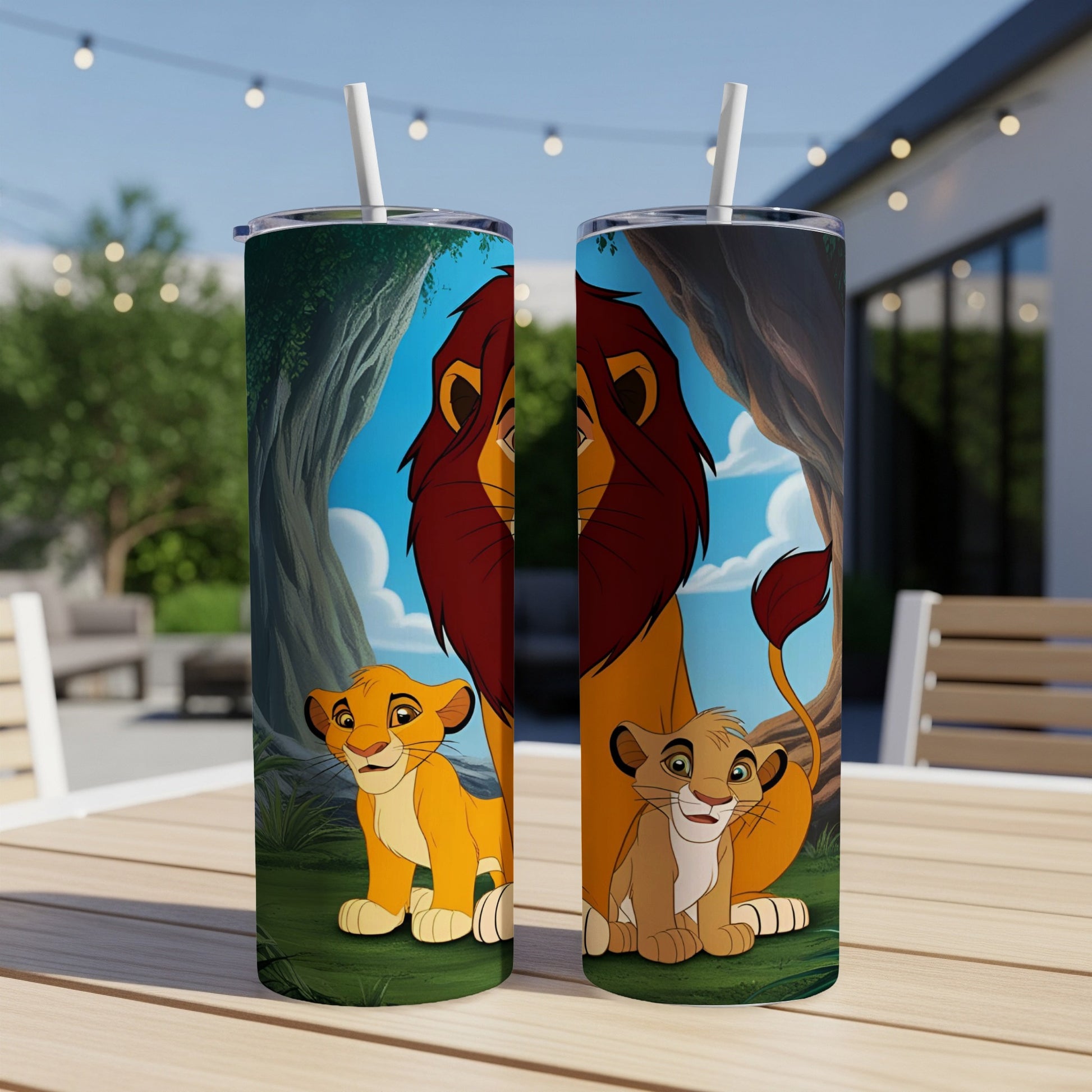 Simba and Nala from The Lion King on two tumblers.