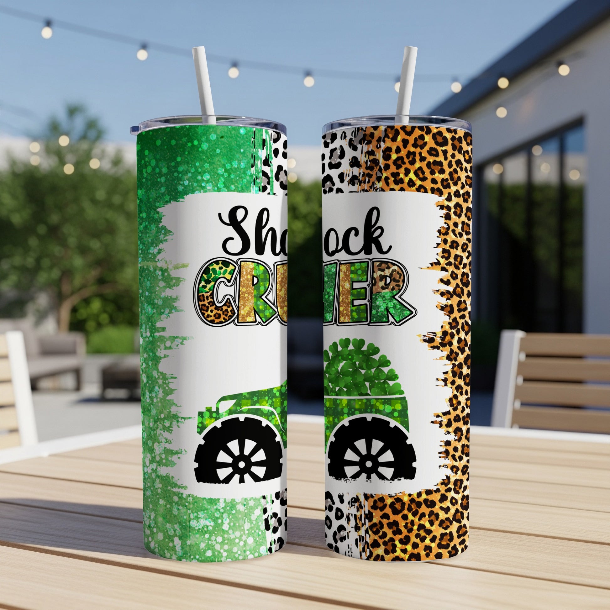 Two St. Patrick's Day themed tumblers with shamrocks and "Shamrock Cruiser" text.