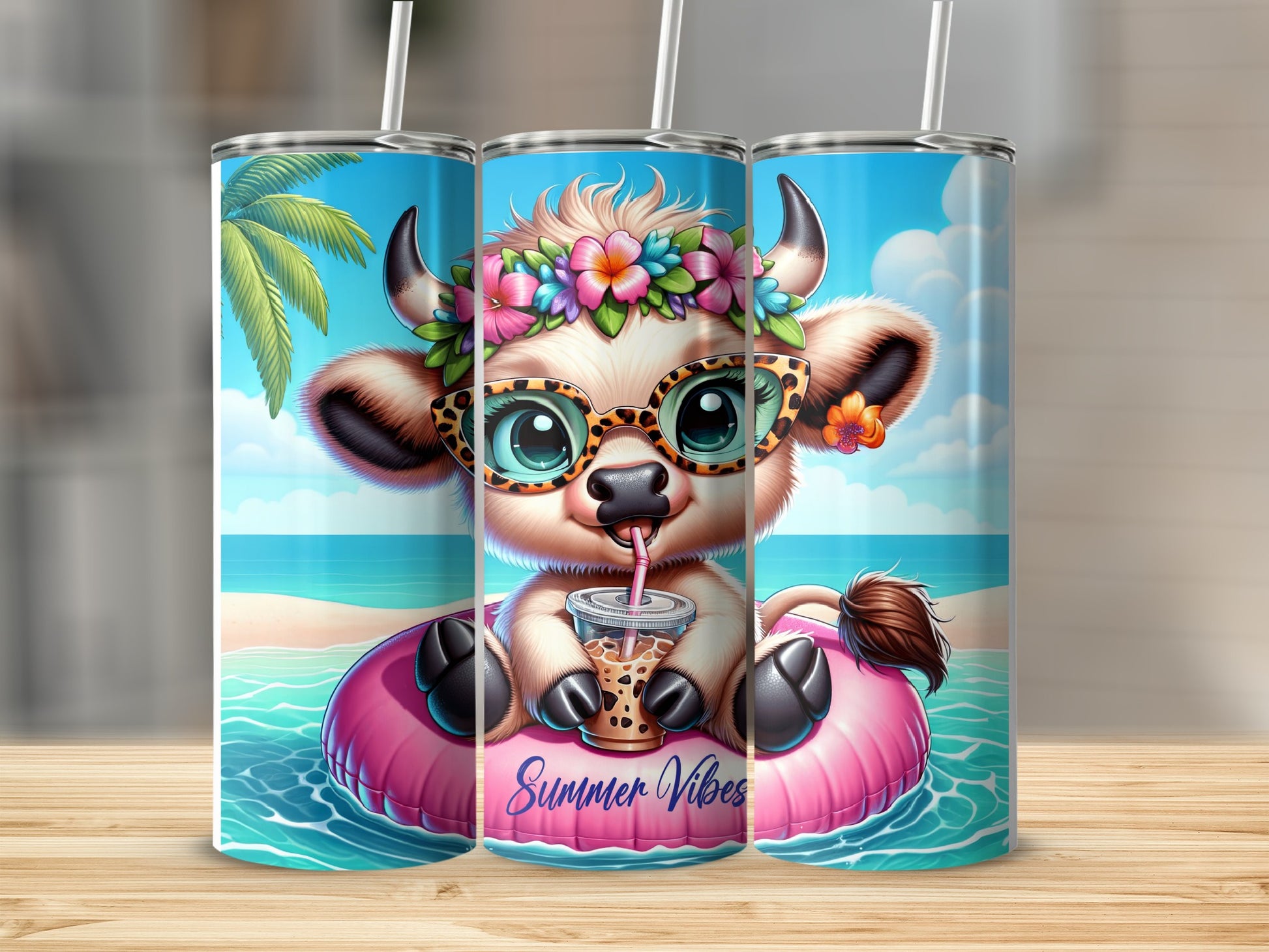 Cute cartoon cow wearing glasses and flower crown drinks from boba cup.