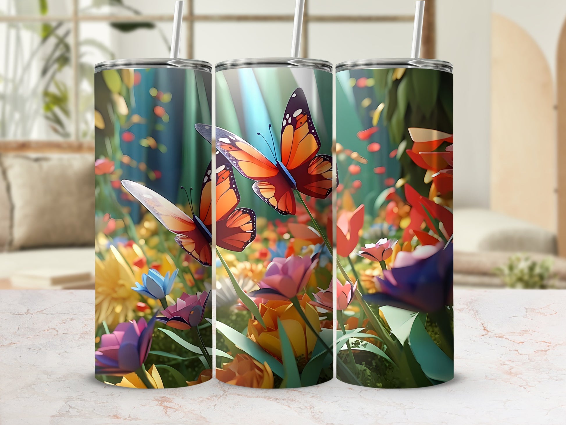Three tumblers with monarch butterflies and colorful flowers.
