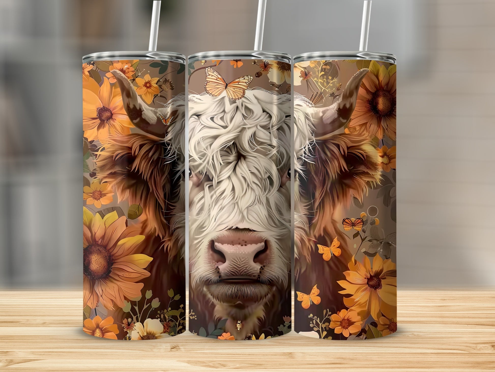 Highland cow with sunflowers and butterflies on a tumbler.