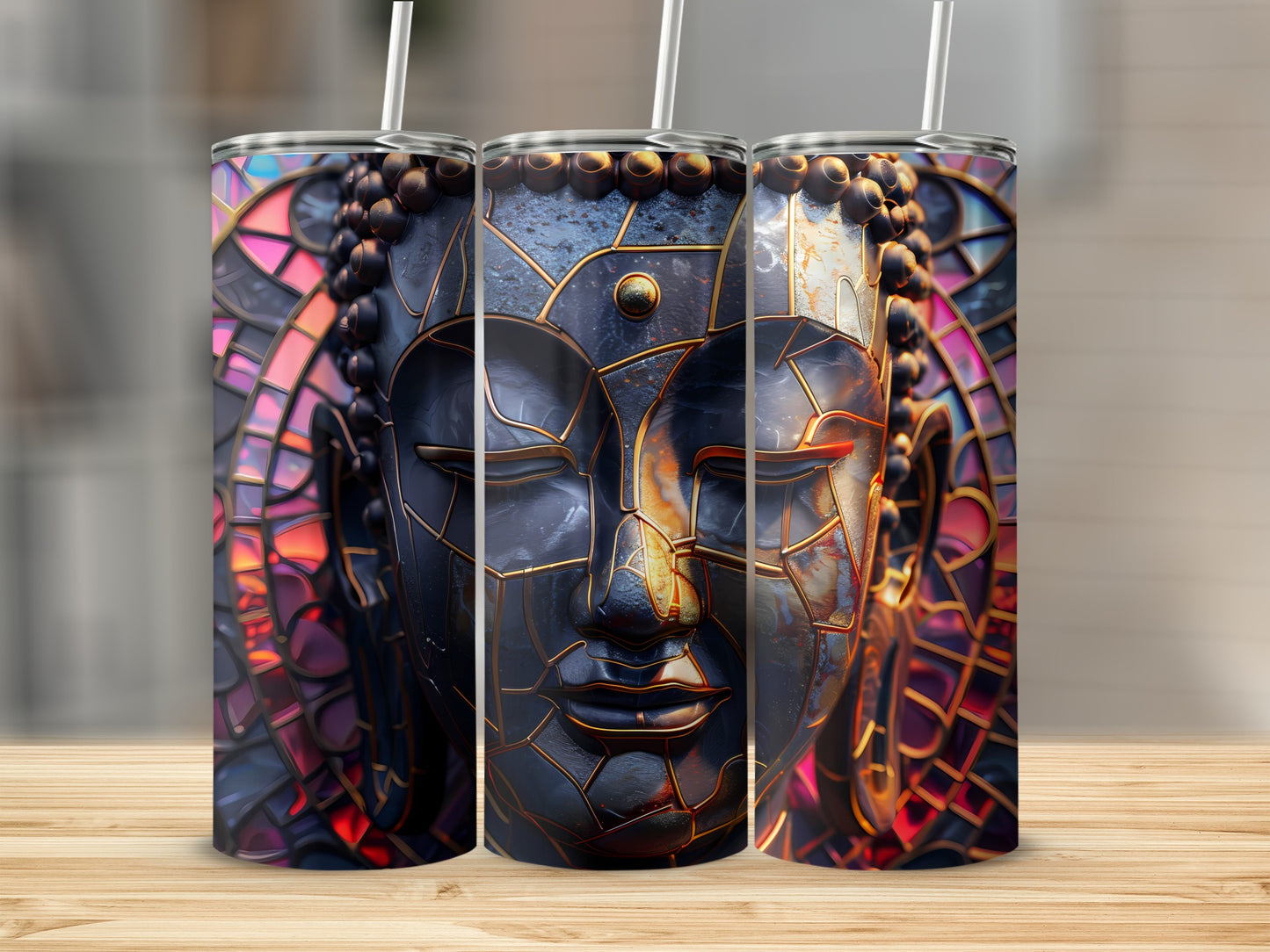 Three tumblers featuring a mosaic Buddha face with stained glass accents.