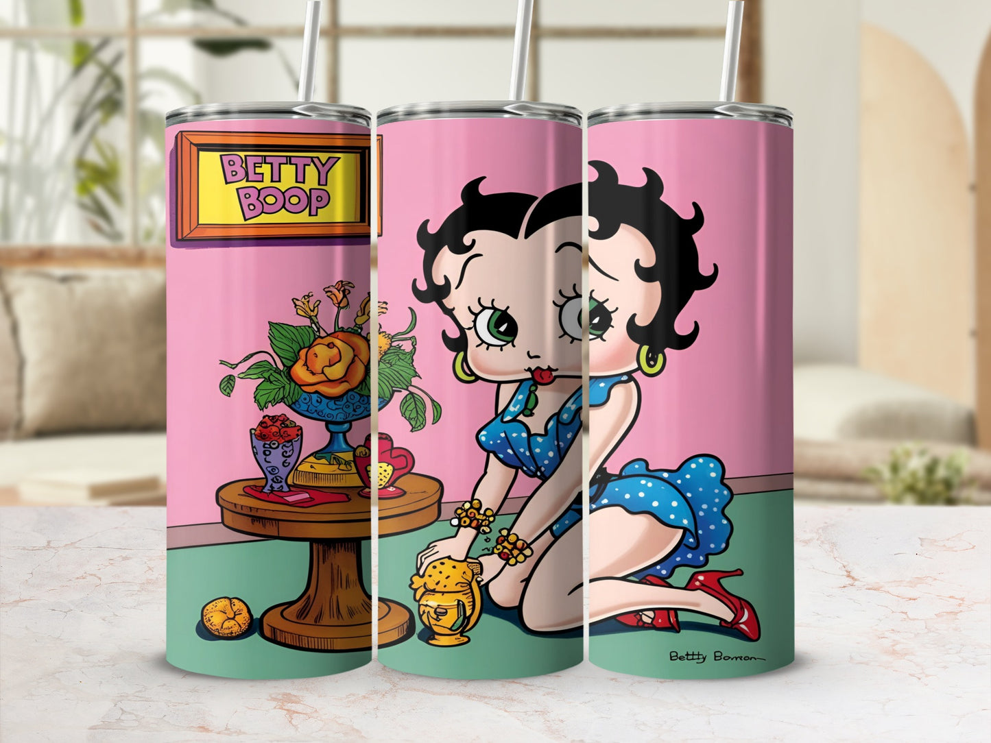 Betty Boop kneeling next to a vase of flowers and a cookie jar.
