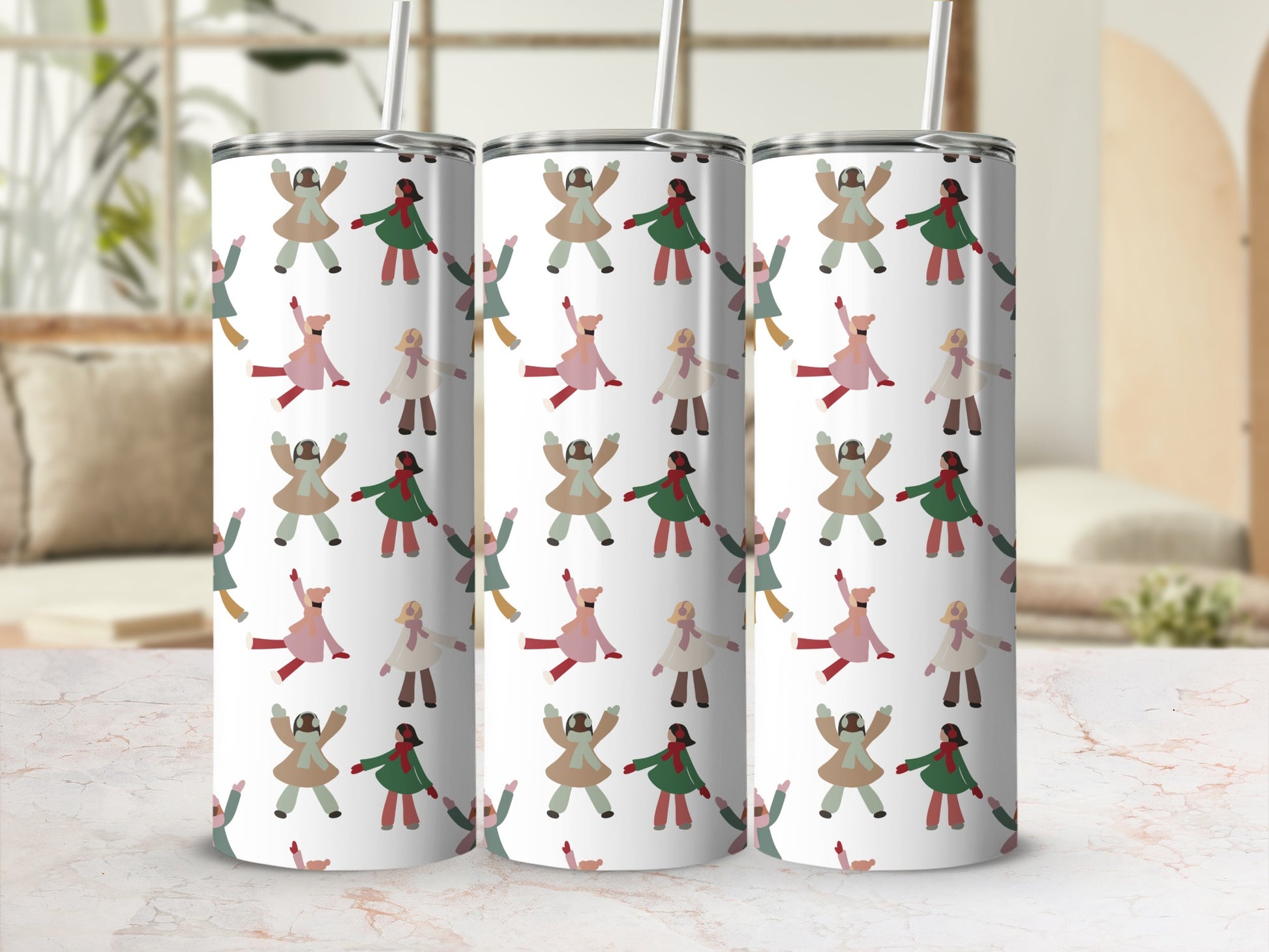 Three tumblers with a repeating pattern of whimsical figures in winter coats.