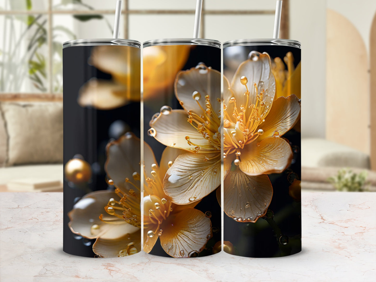 Three tumblers feature a close-up of dew-covered yellow flowers with blurred background.