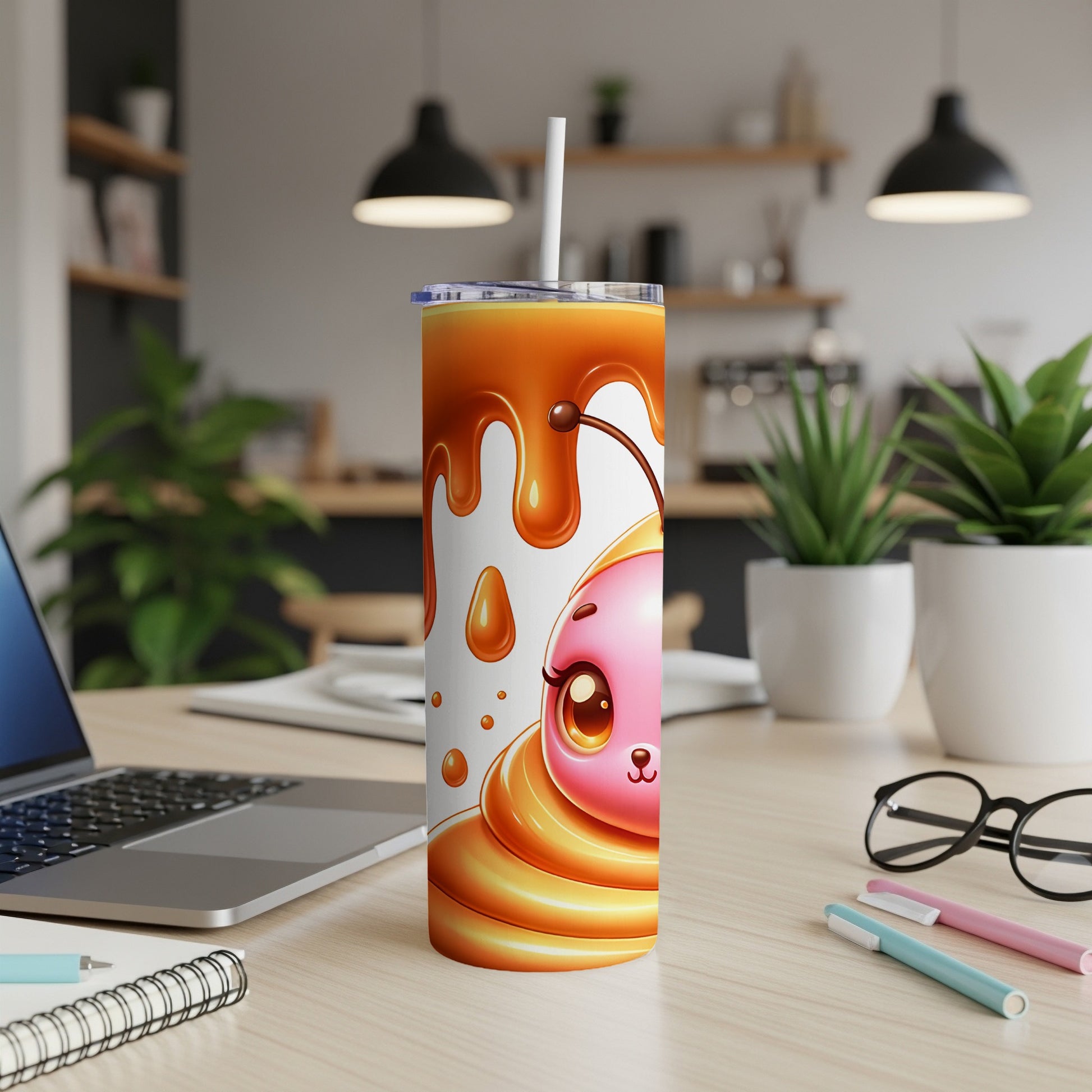 Tumbler with cute pink character and dripping caramel design.