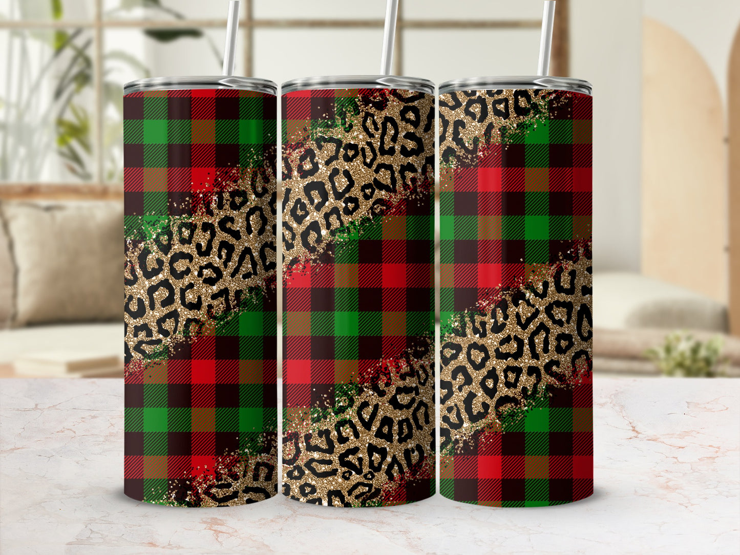 Tartan and leopard print tumbler with gold glitter accents.