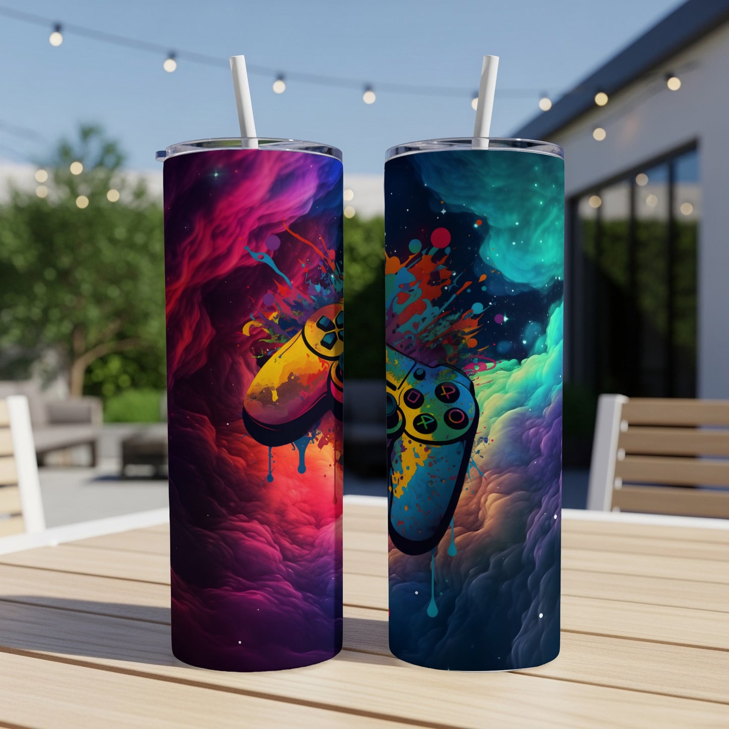 Two tall tumblers featuring a colorful, abstract video game controller design.