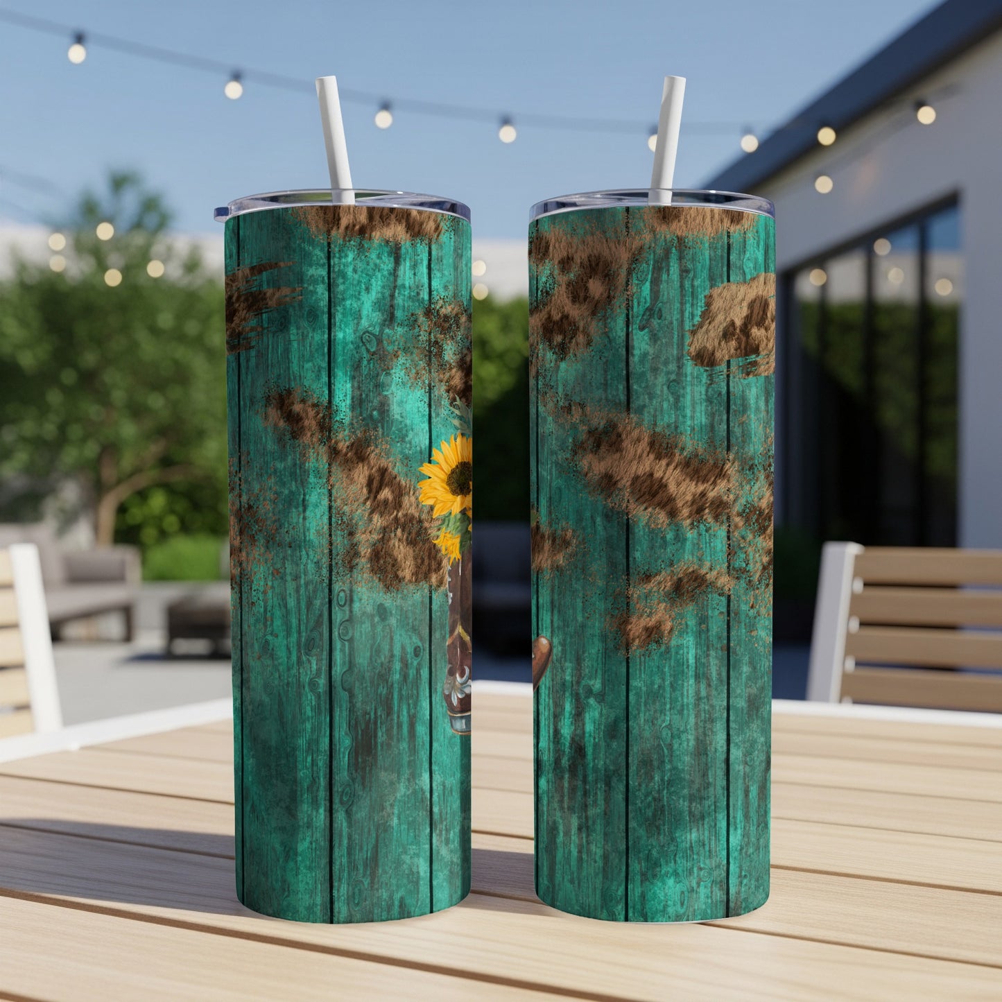 Two tumblers with teal wood grain, sunflower, and cowhide print.