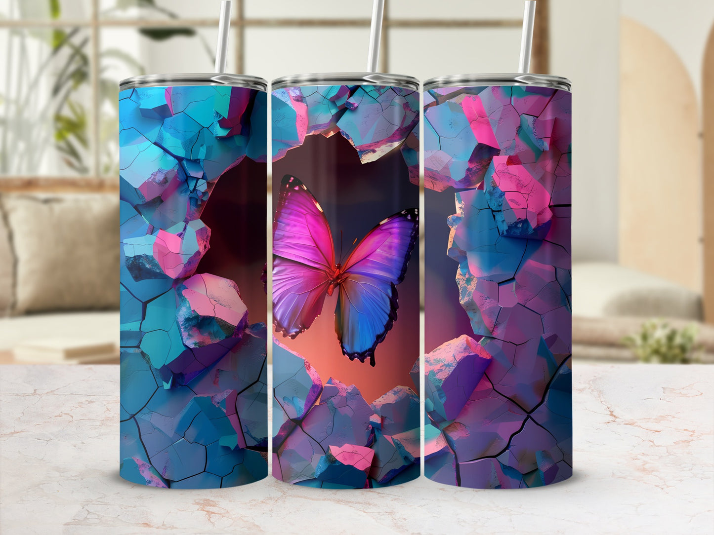 Triptych of tumblers with cracked earth design and butterfly image.