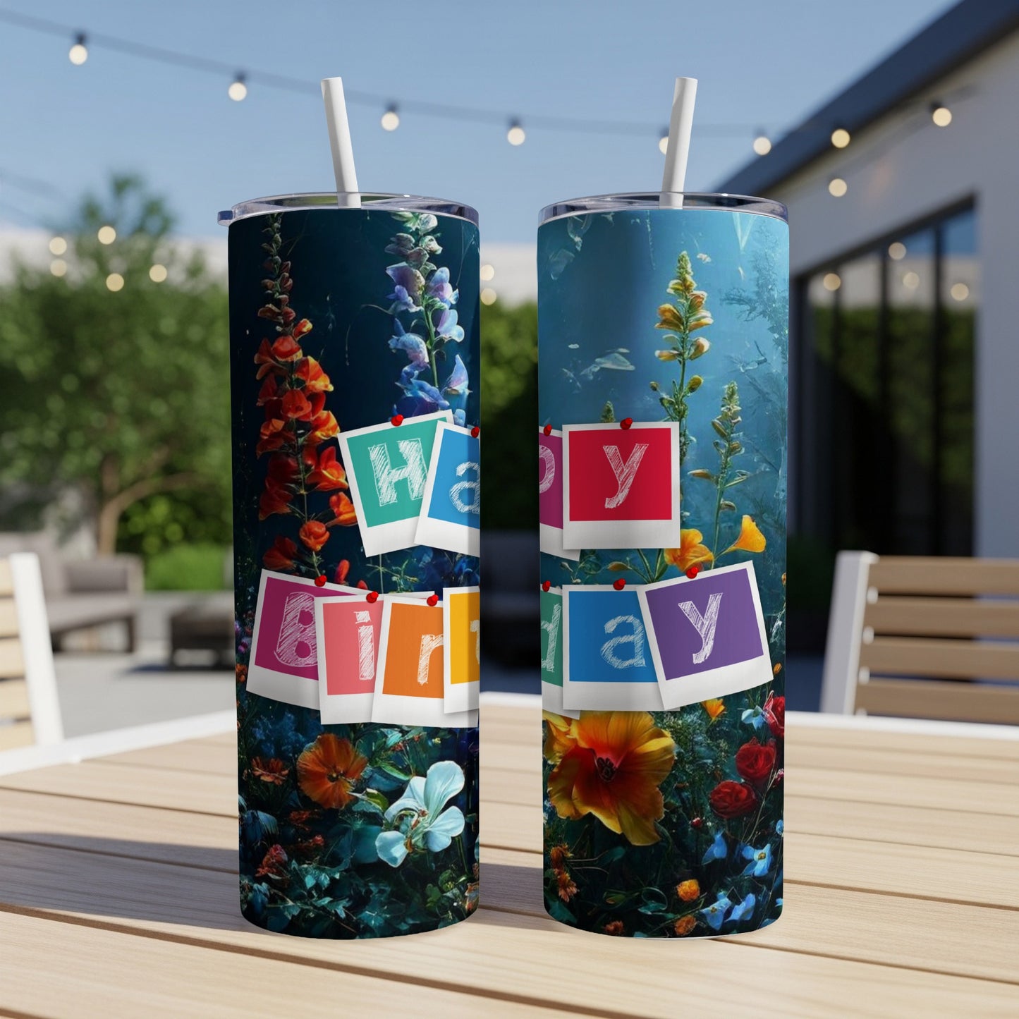 Two tumblers with colorful flowers and "Happy Birthday" text overlay.