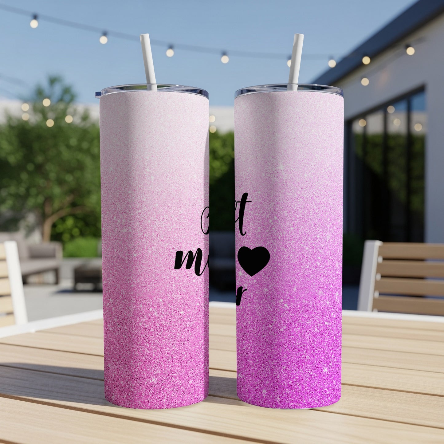 Pink glitter tumbler with "best m…" and heart design.