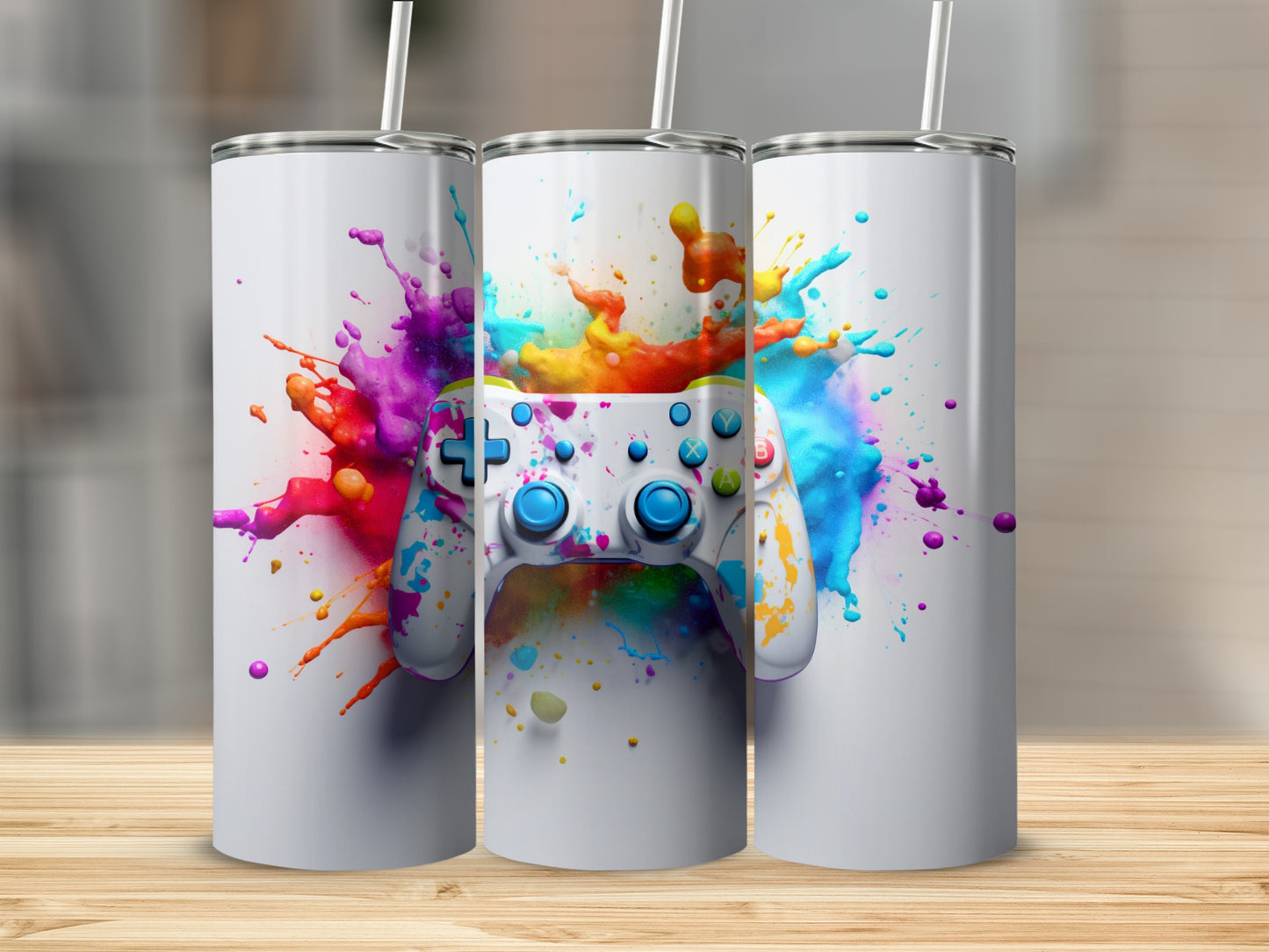 Vibrant Gaming Controller Splash Art Tumbler