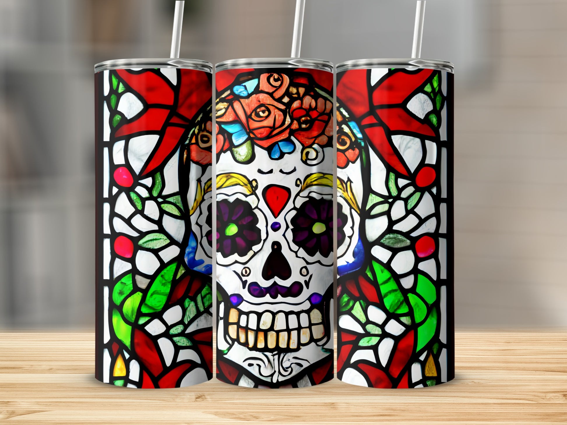 Stained glass sugar skull tumbler with floral crown and straw.