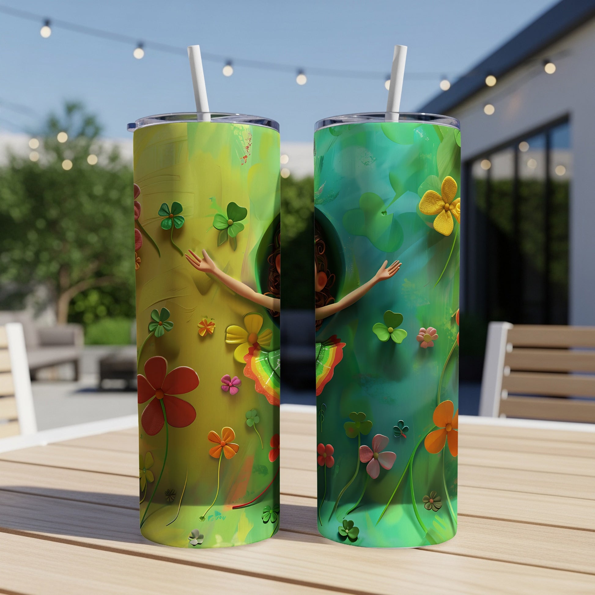 Two tumblers with a St. Patrick's Day theme, featuring a woman and shamrocks.