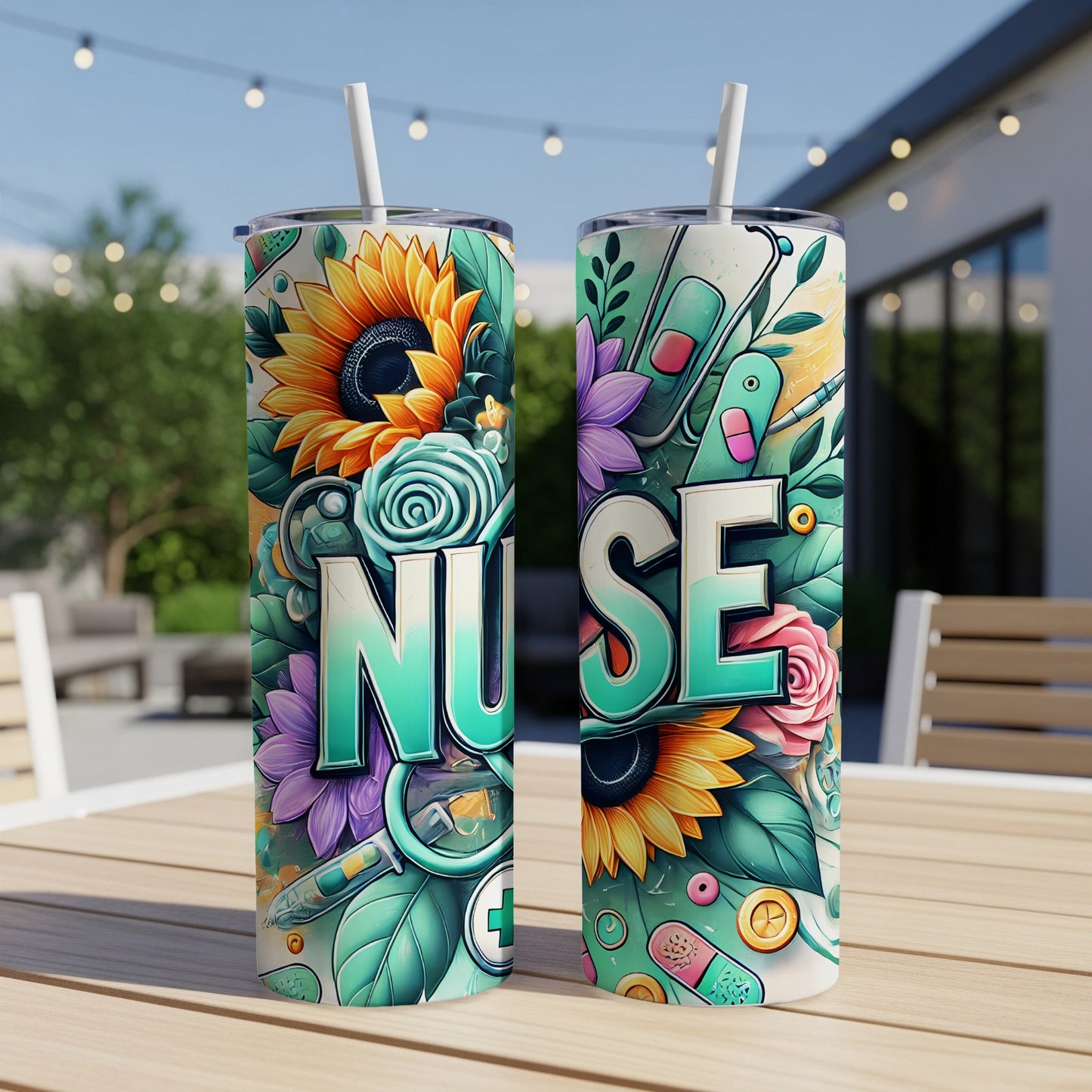 Two nurse-themed tumblers with floral and medical design elements.