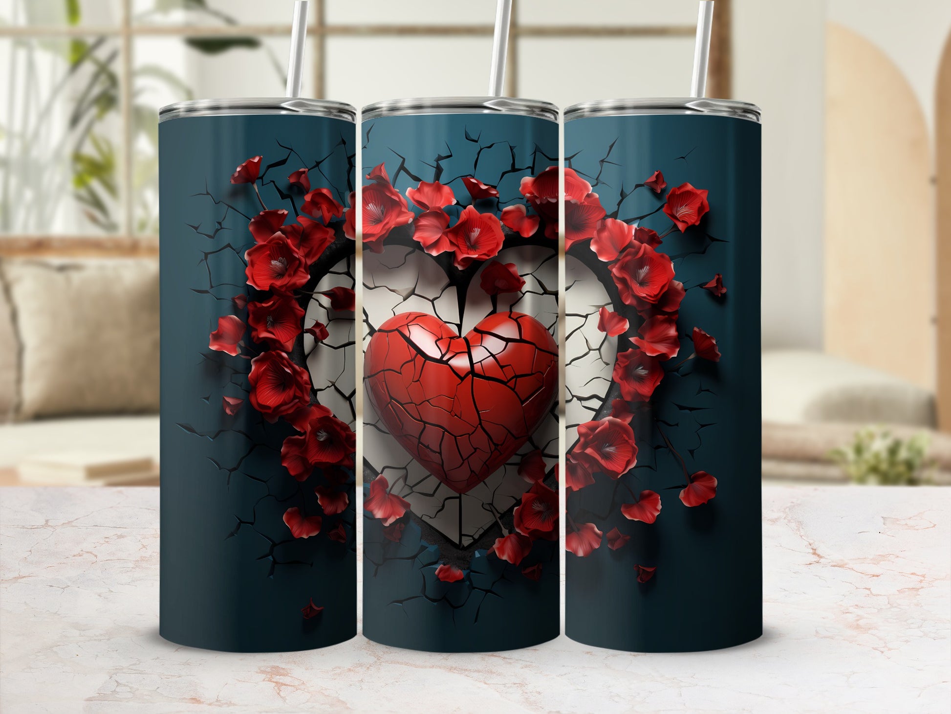 Crackled Heart Design with Red Flowers Tumbler