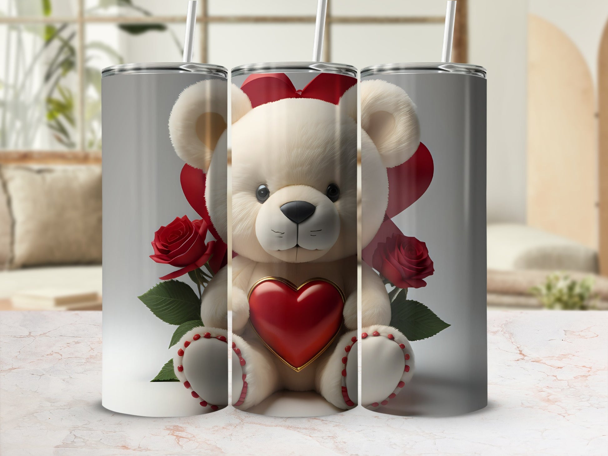 Cute Bear and Roses with Heart Graphic Tumbler