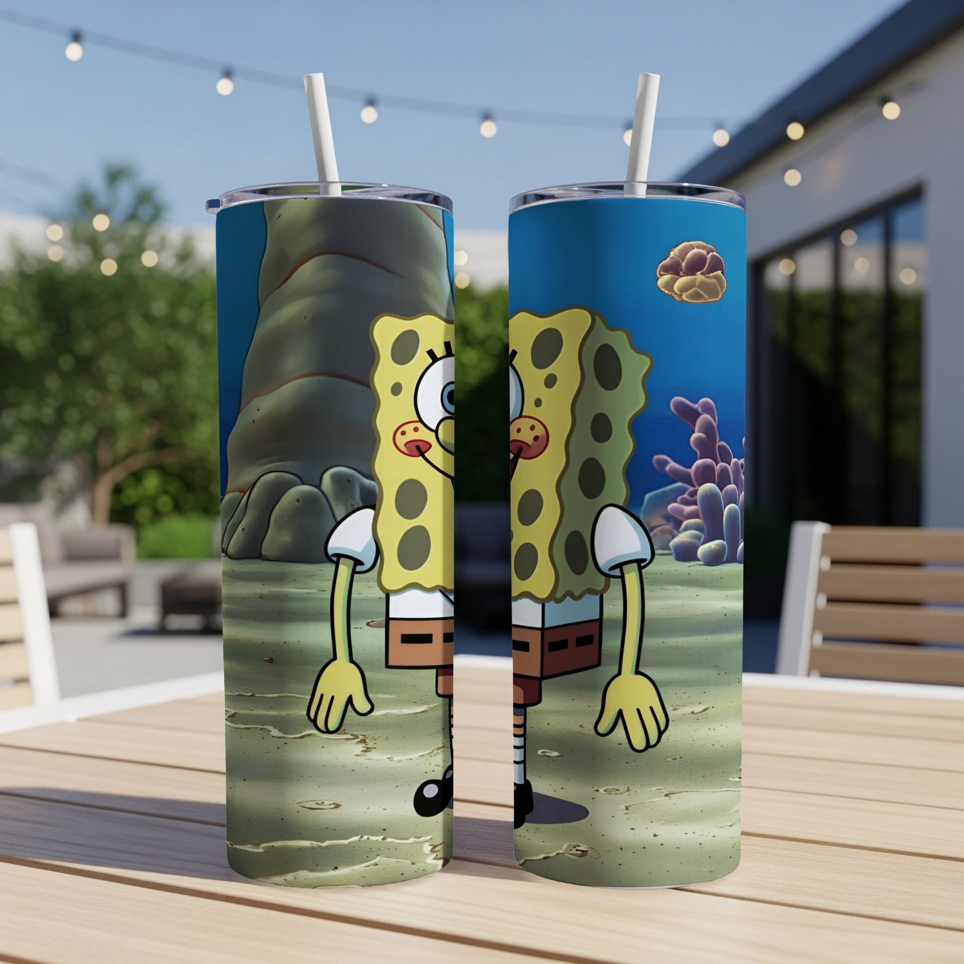 SpongeBob SquarePants character design on a cylindrical tumbler with a beach background.