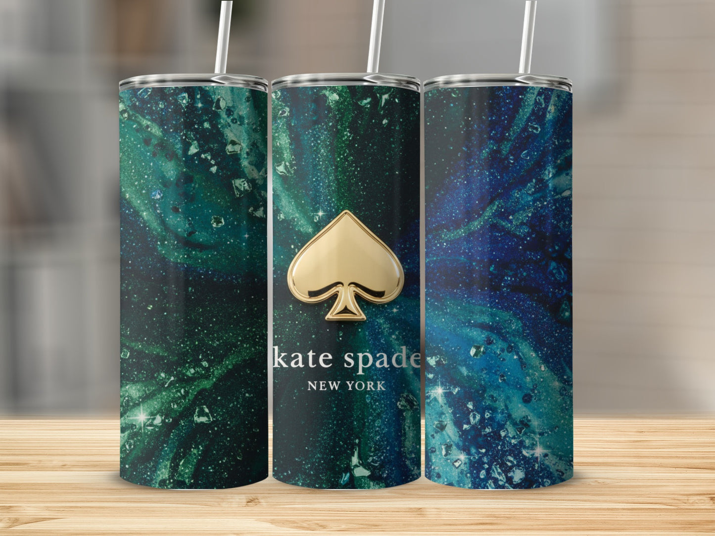 Inspired By Fabulous Kate Spade Logo On Green Blue Galaxy Effect Tumblers