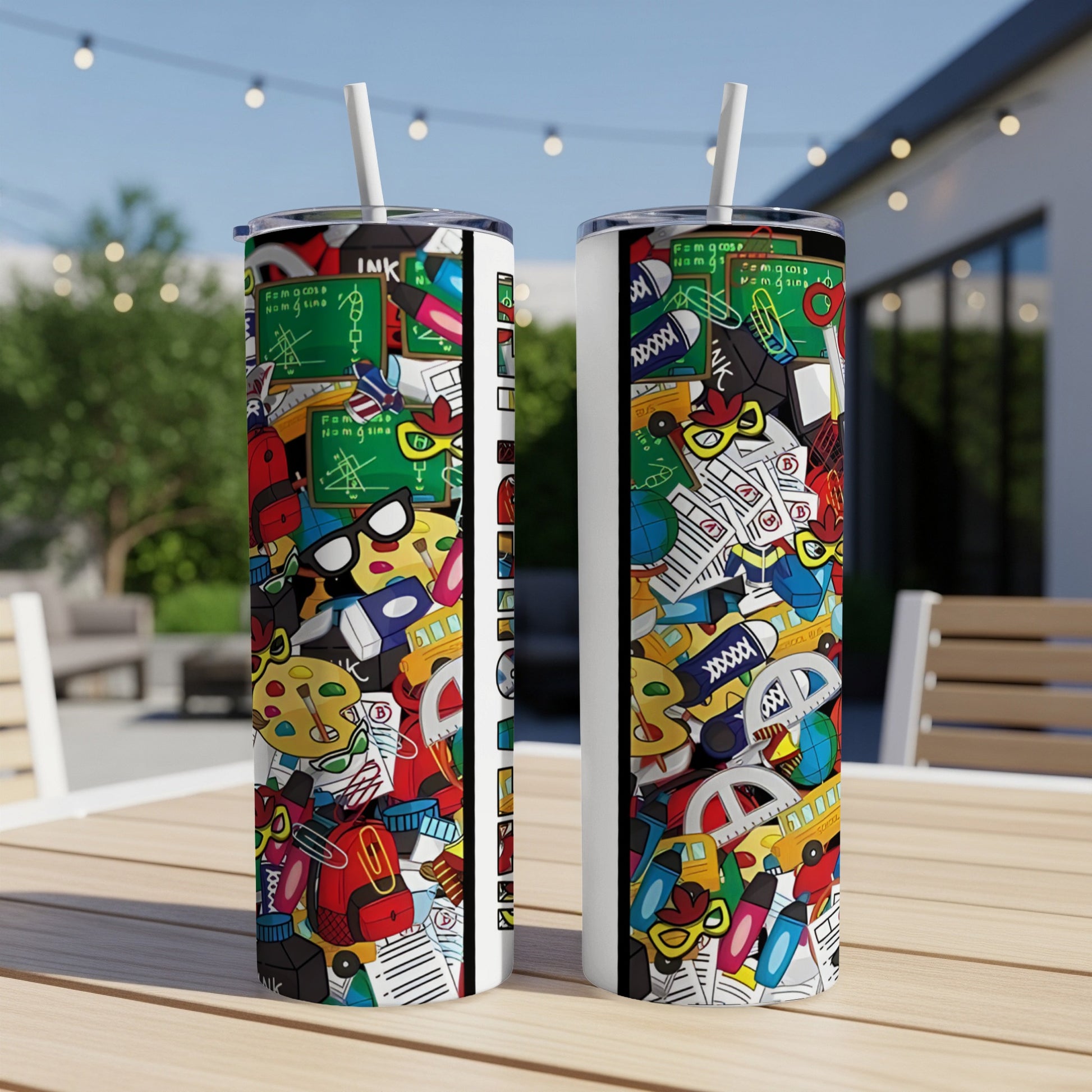 Two tumblers with school supply illustrations, including books, pencils, and rulers.