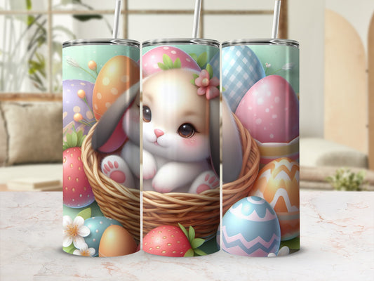 Easter bunny in basket surrounded by colorful eggs and strawberries.