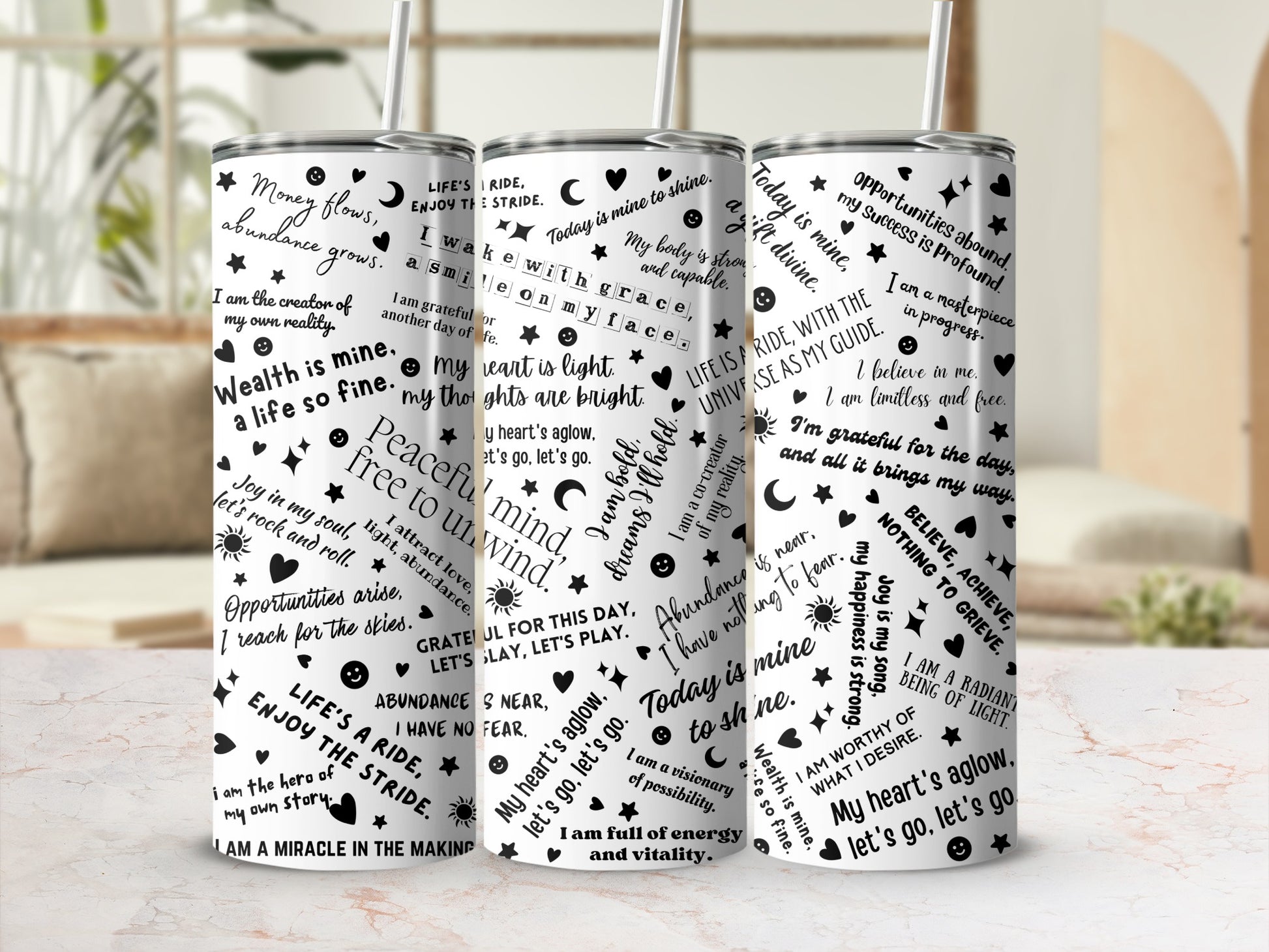 Inspirational quote tumbler with motivational affirmations and positive life messages.