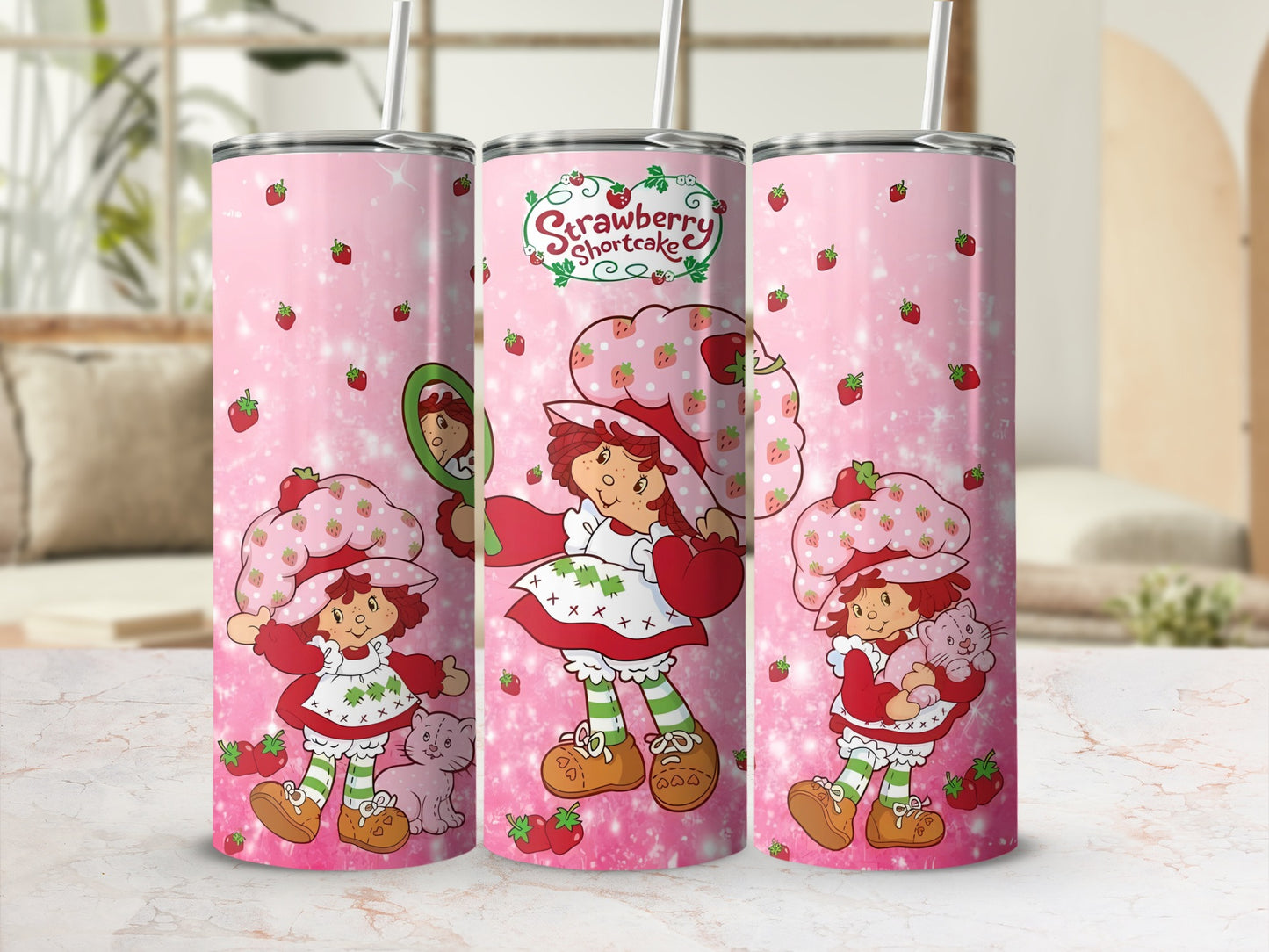 Strawberry Shortcake character with kittens on a pink, sparkly background.