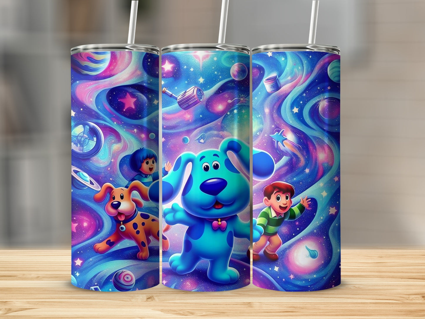 Space-Themed Blue Dog and Characters Tumbler Cup