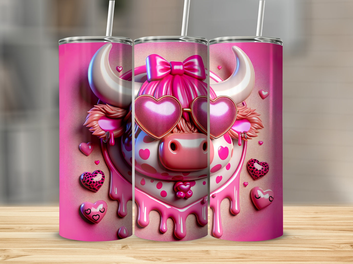 Three pink tumblers featuring a cartoon cow with heart-shaped sunglasses.