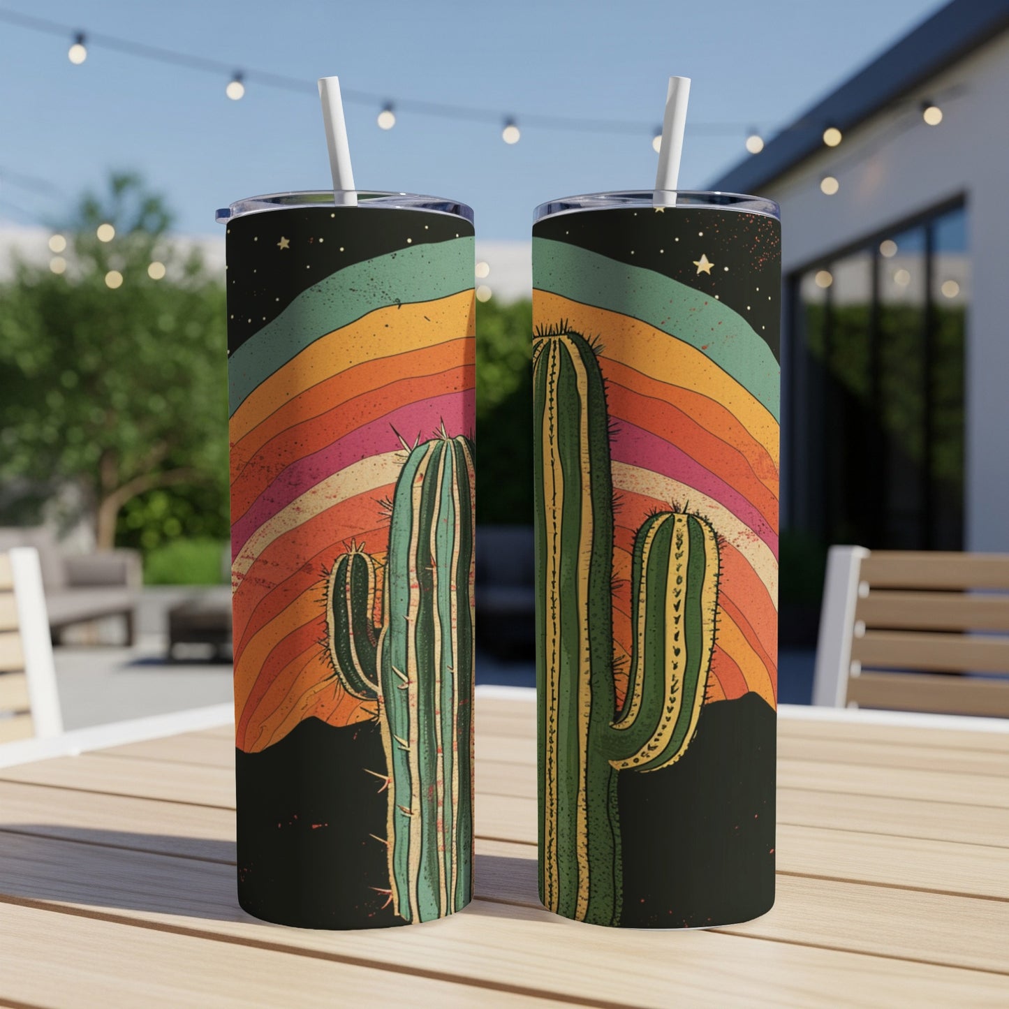 Two tumblers with retro desert cactus and rainbow sunset design.