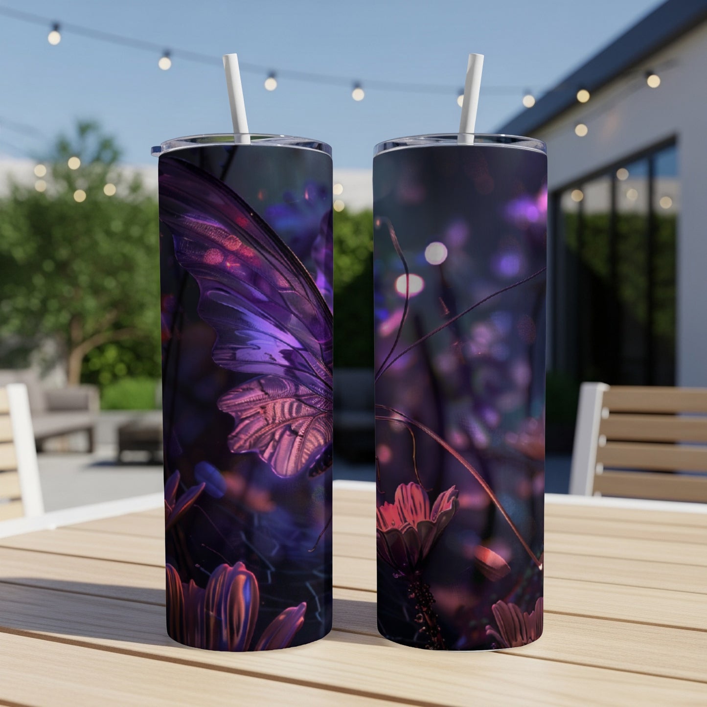 Two purple butterfly tumblers with floral background on a table.