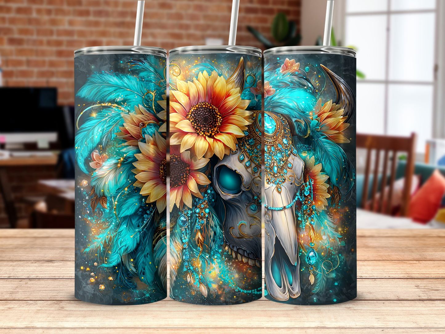 Sunflowers and Skull Tumbler with Feathers Design