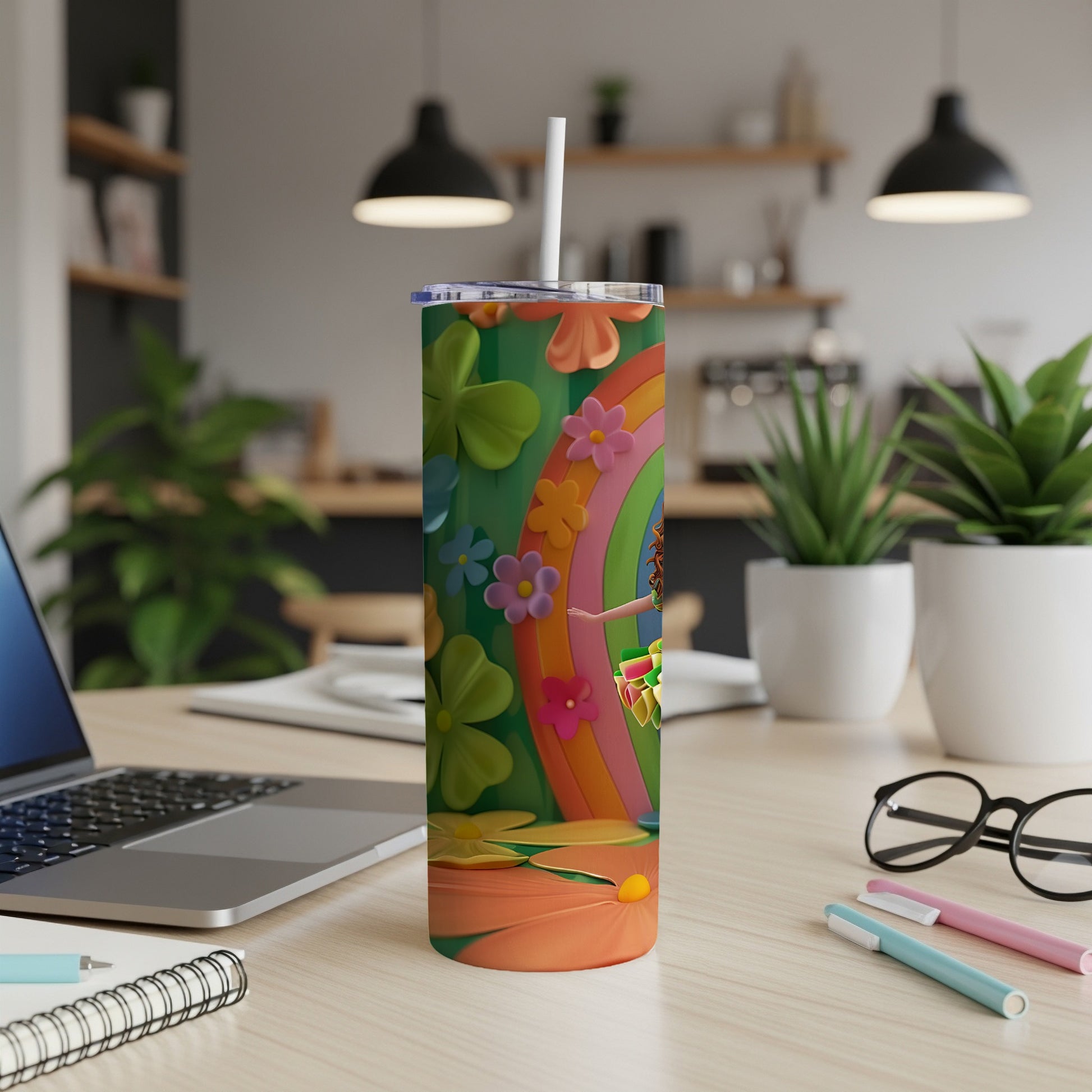 Green tumbler with colorful flowers, rainbows, and a person on a swing.