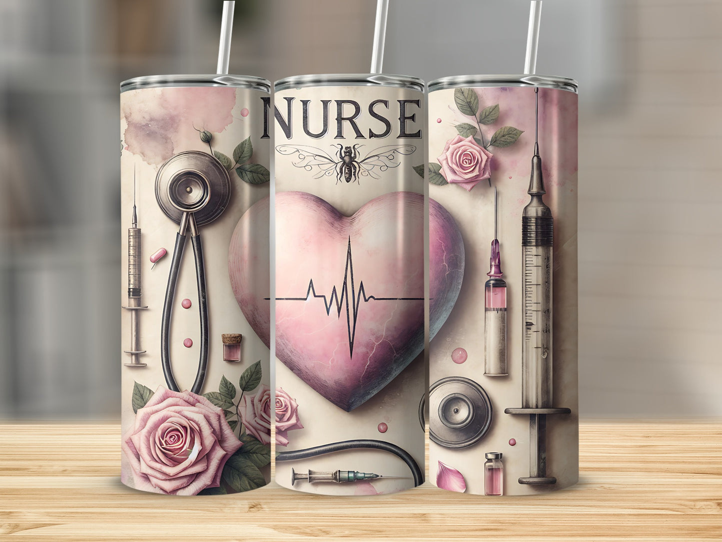 Nurse Heart ECG Stethoscope Roses Syringes Tumbler