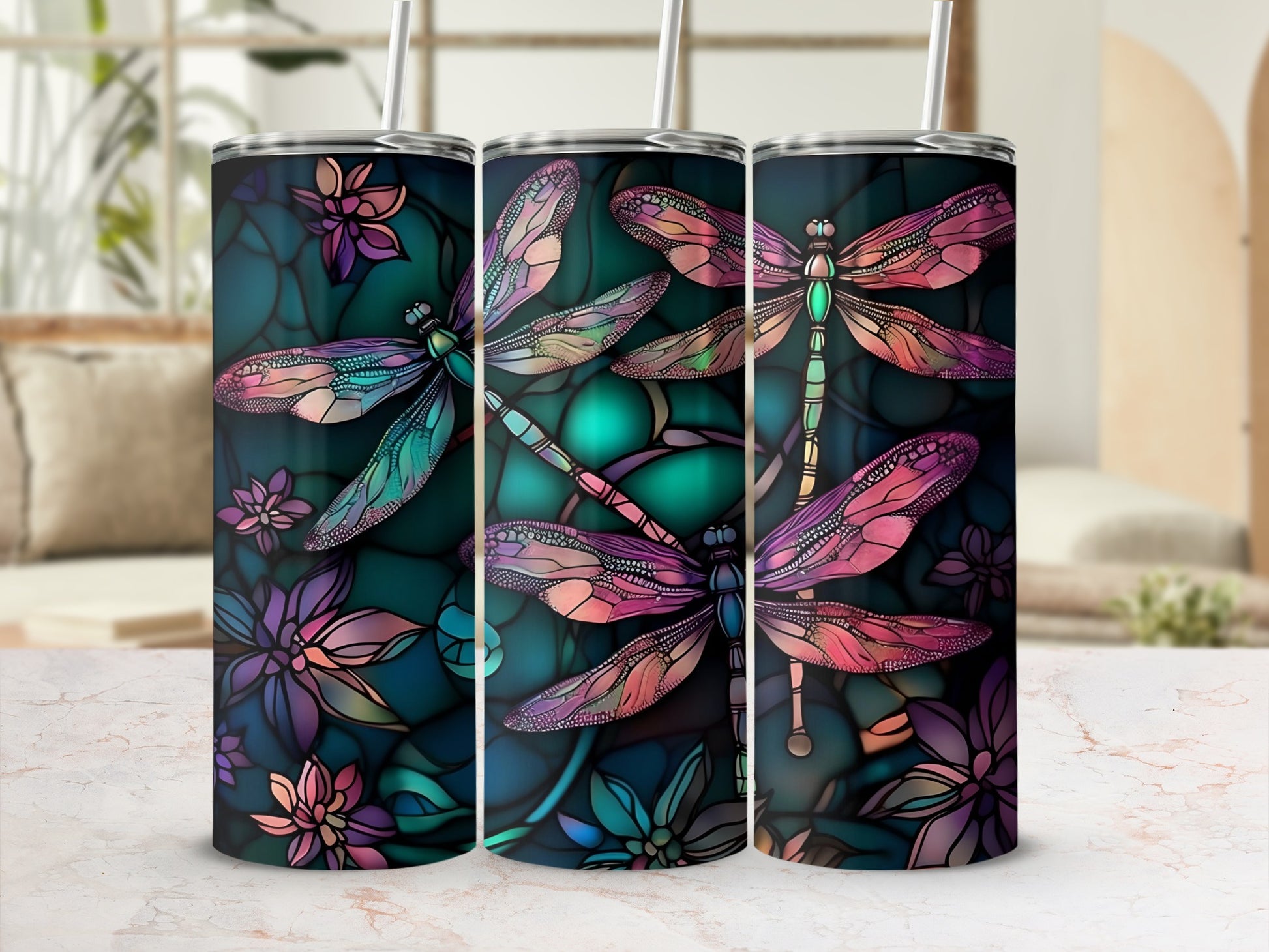 Colorful Dragonfly and Flower Design Tumbler Cup