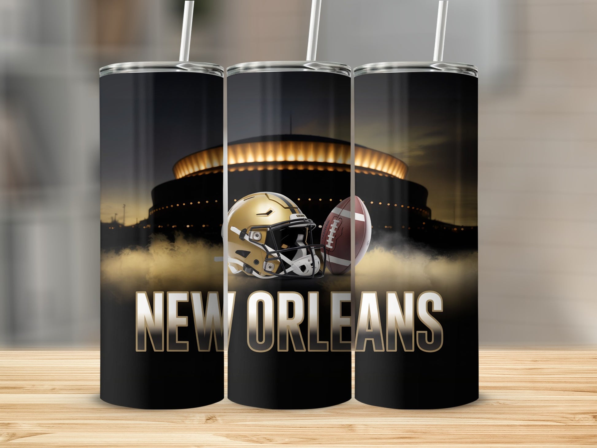 New Orleans Saints helmet and football in front of stadium.