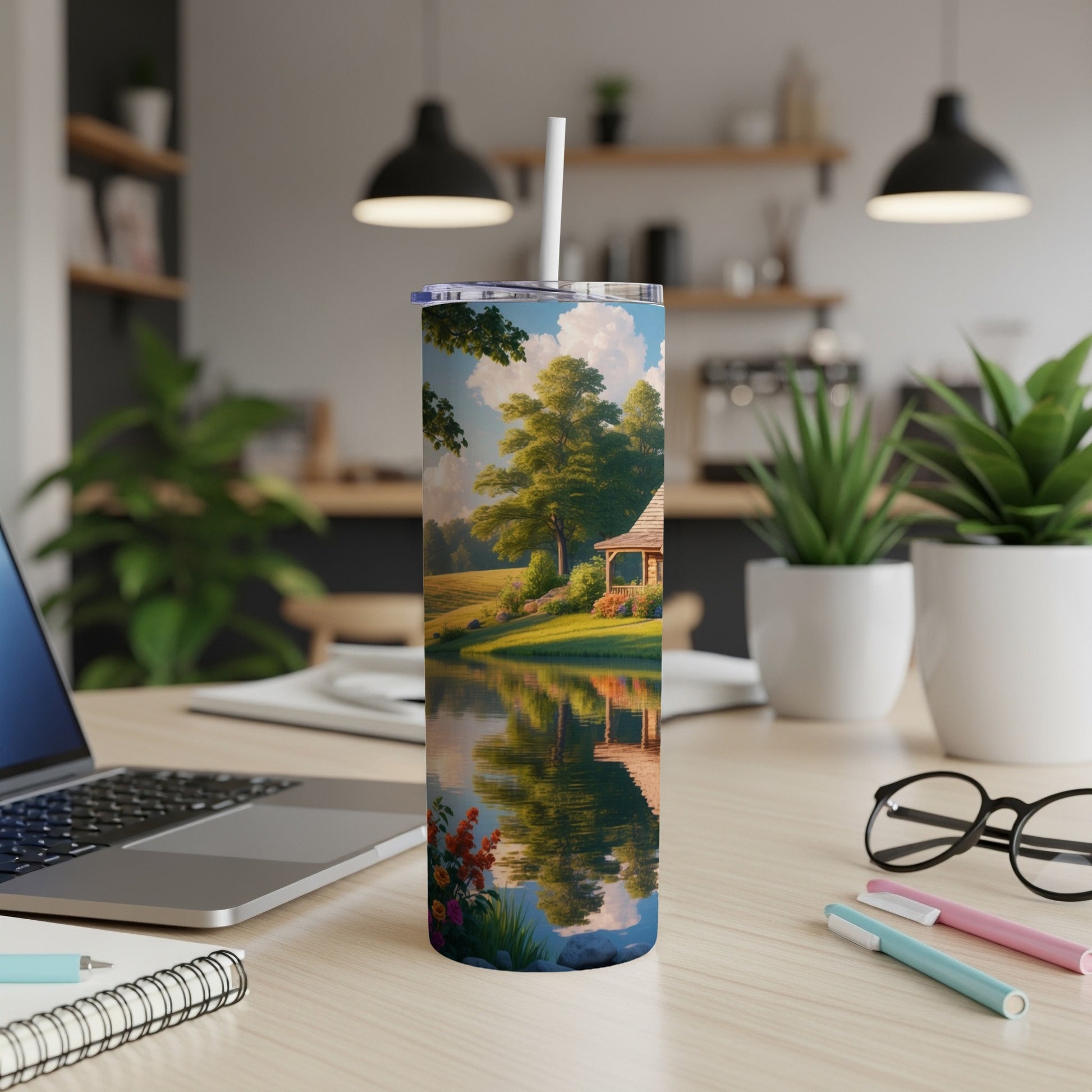 Tumbler with a peaceful lakeside scene featuring trees, a small house, and reflections.