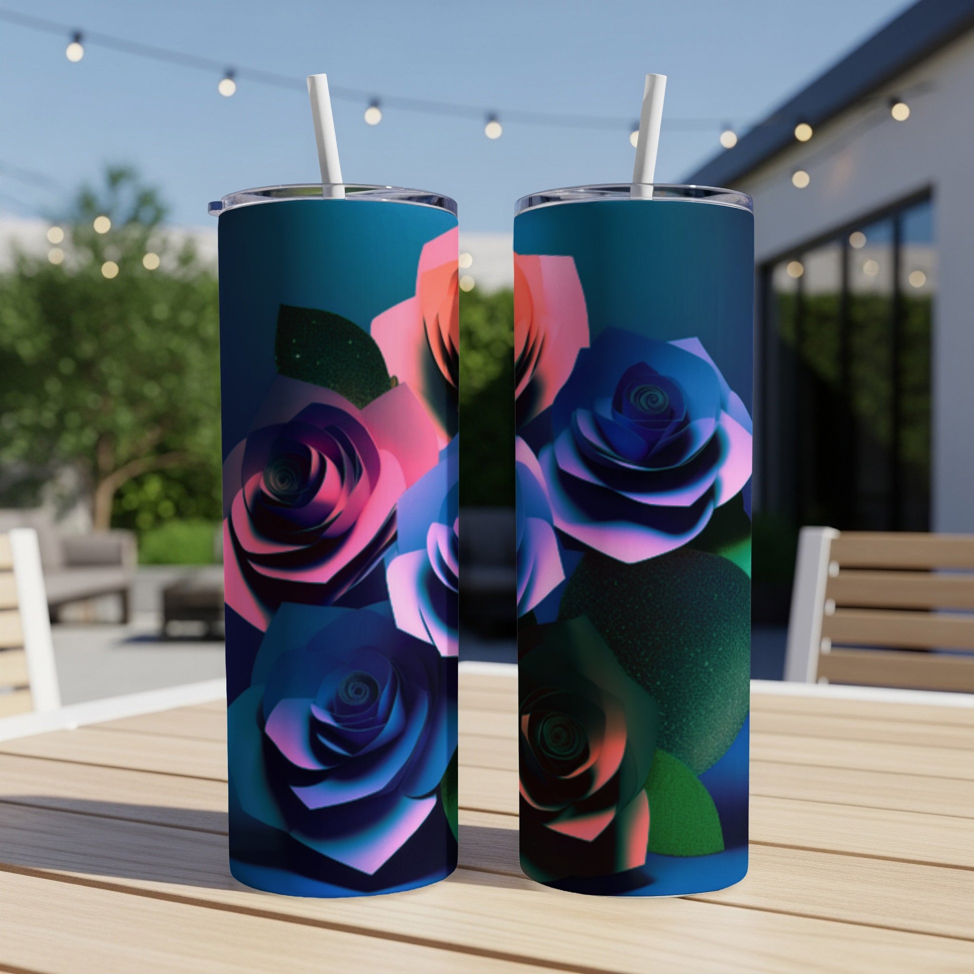 Two tumblers featuring abstract floral designs with blue, pink, and teal roses.