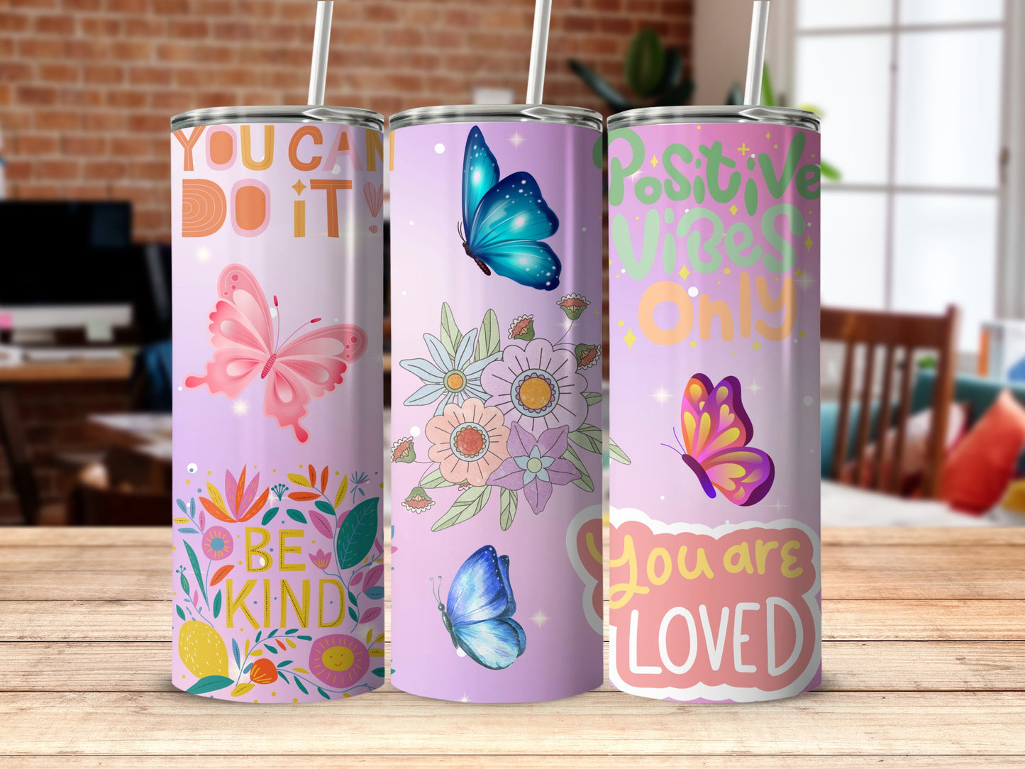 Colorful Positive Vibes Butterfly Themed Tumblers