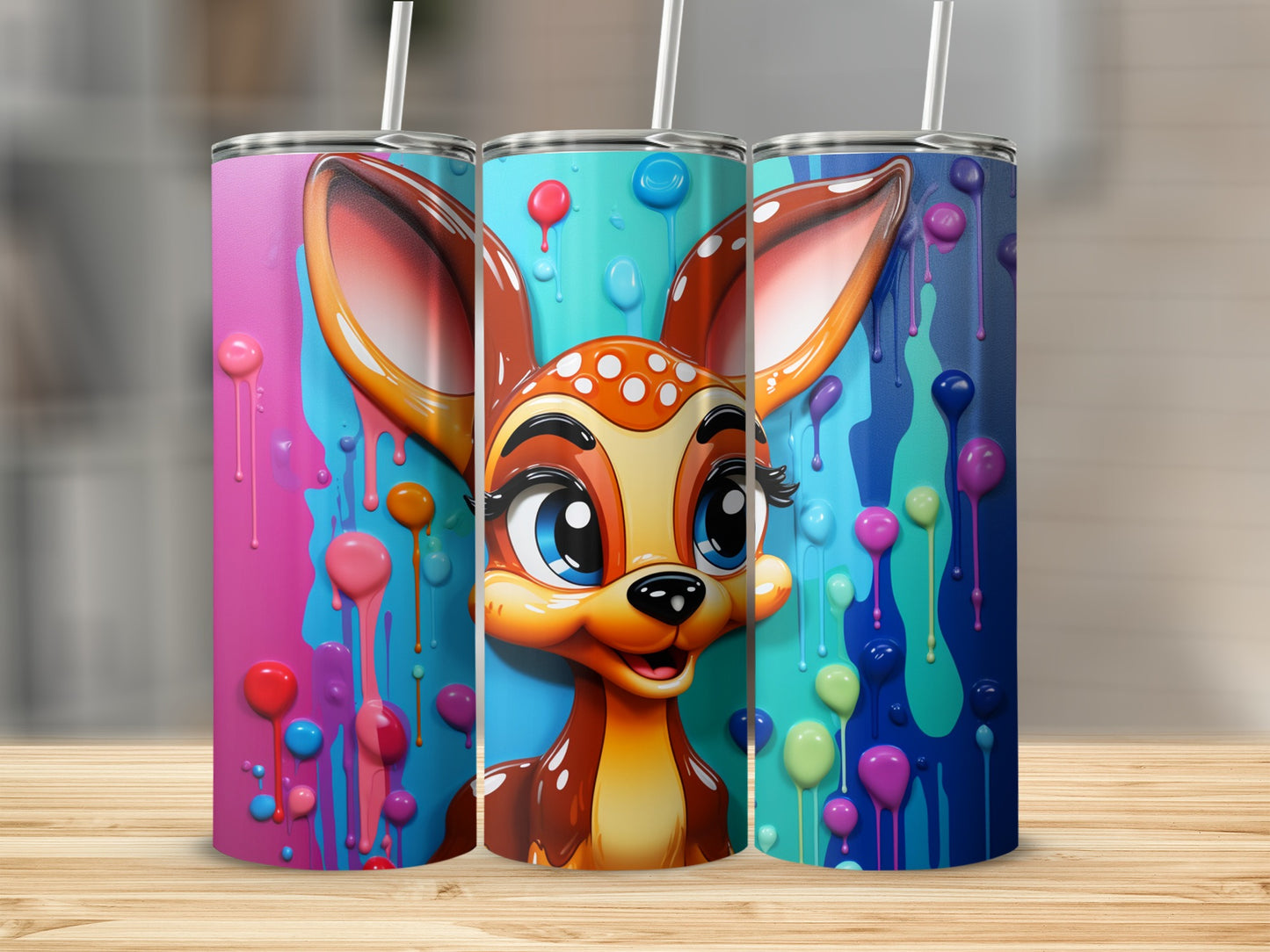Colorful Deer Design Tumblers with Dripping Paint Style