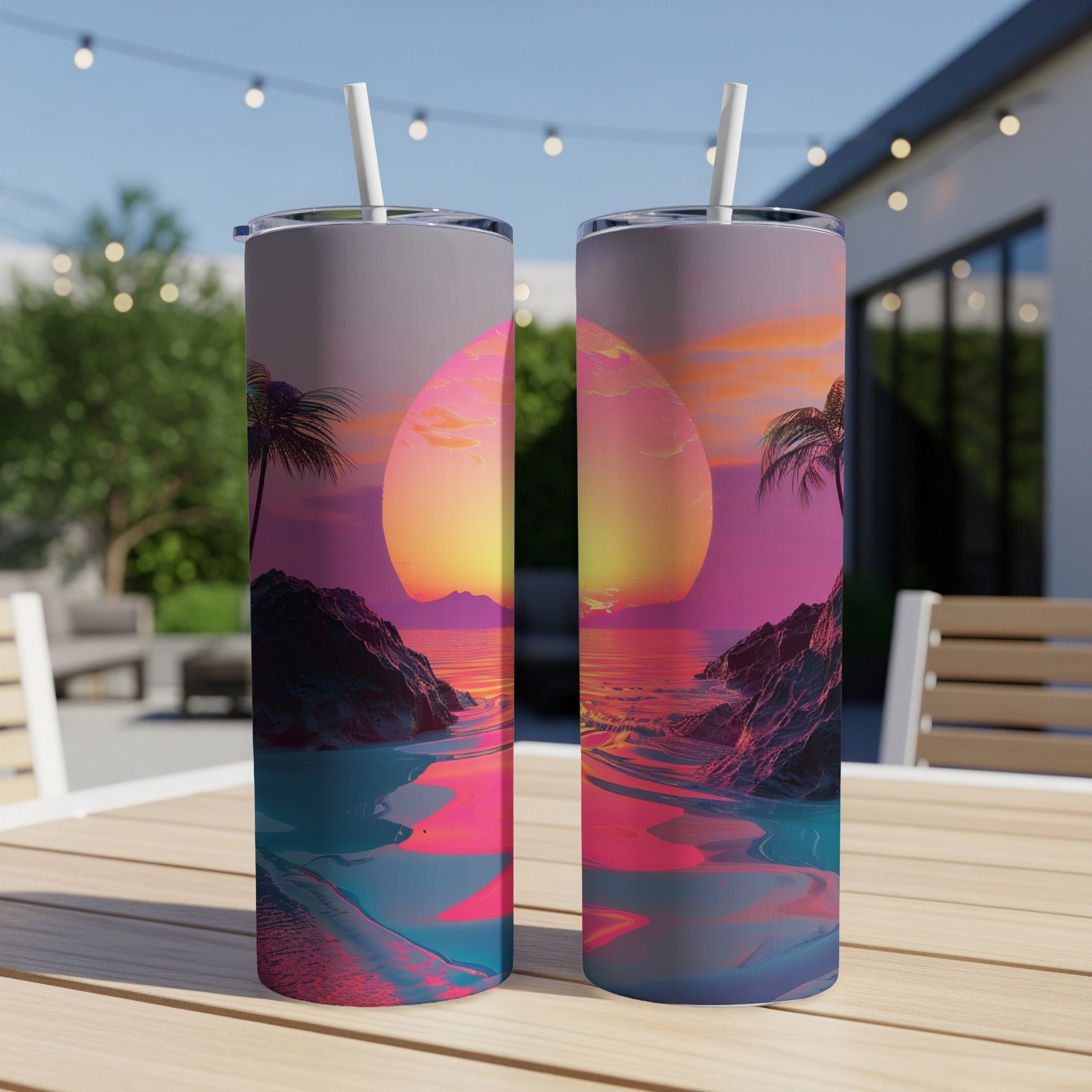 Two tumblers with a retro sunset beach scene design.