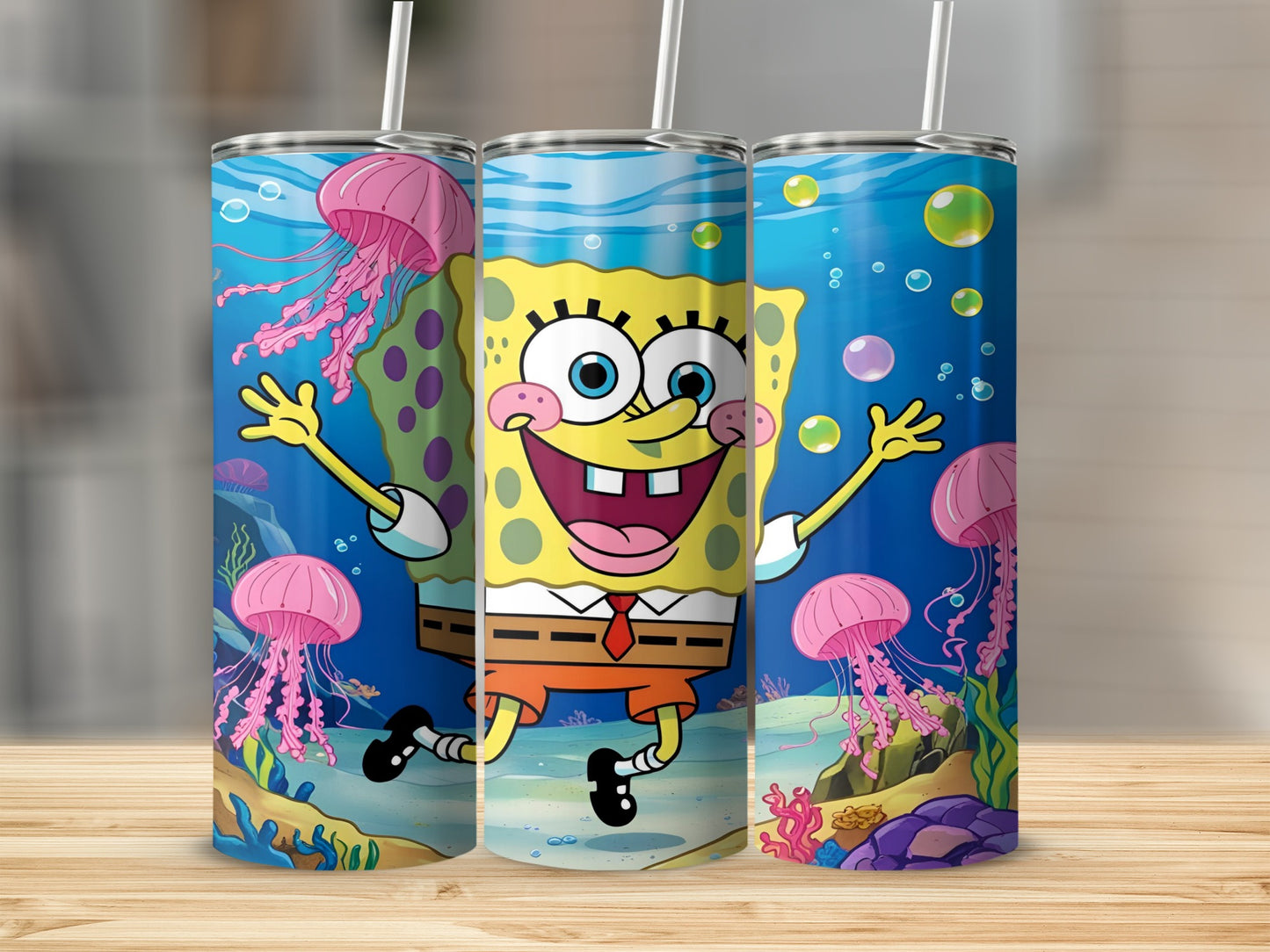 SpongeBob SquarePants character on a tumbler with jellyfish and bubbles.
