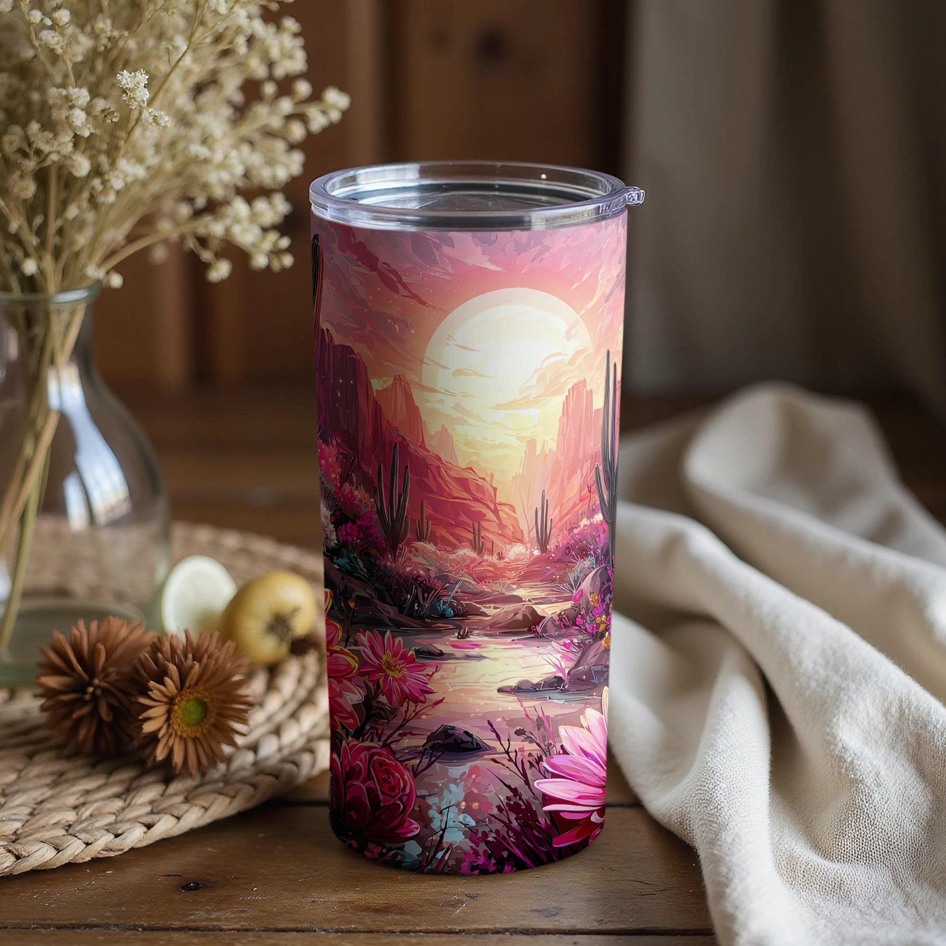 Desert Landscape Artistic Tumbler with Floral Accents