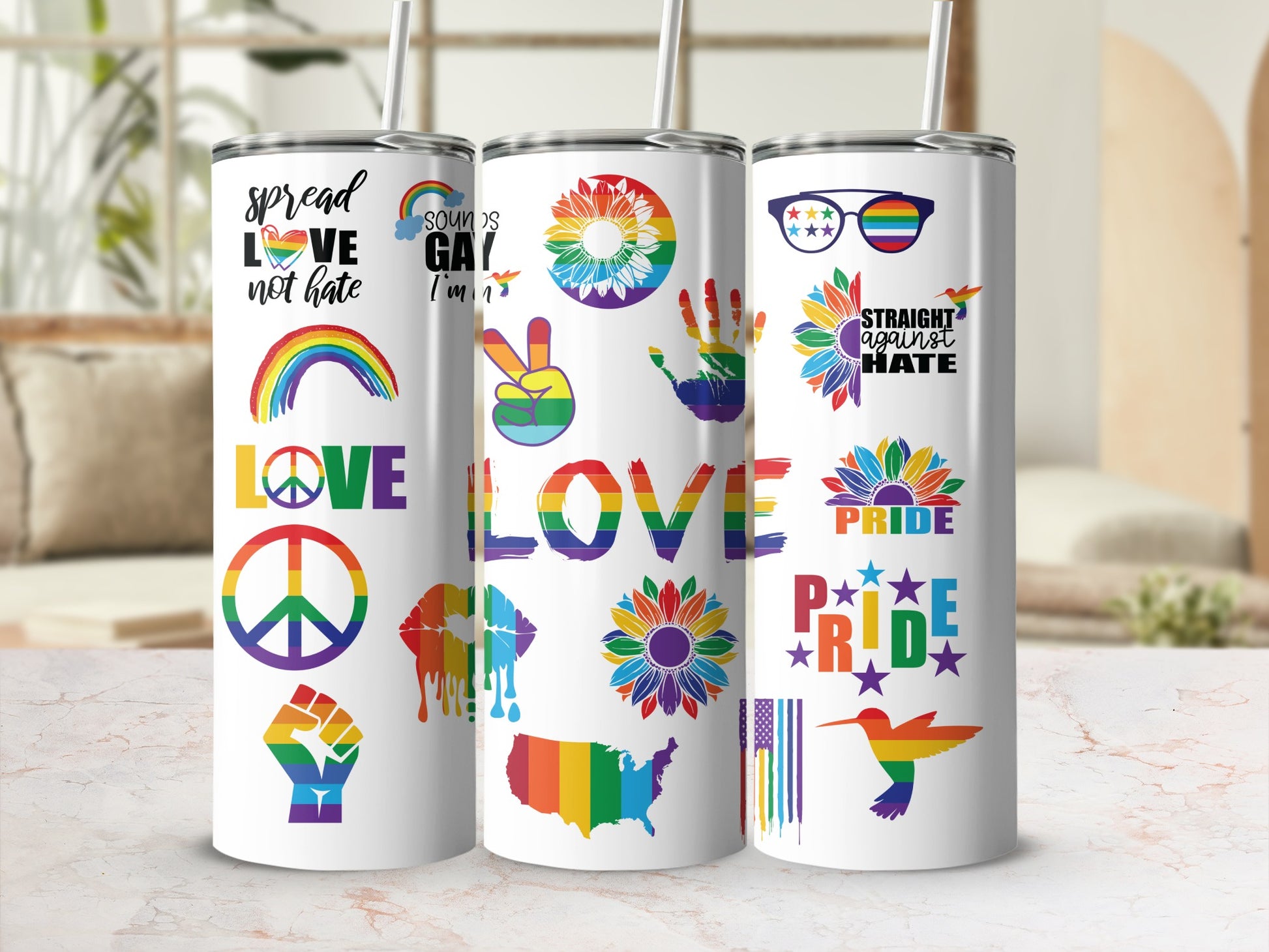Rainbow pride tumbler with LGBTQ+ symbols and messages.