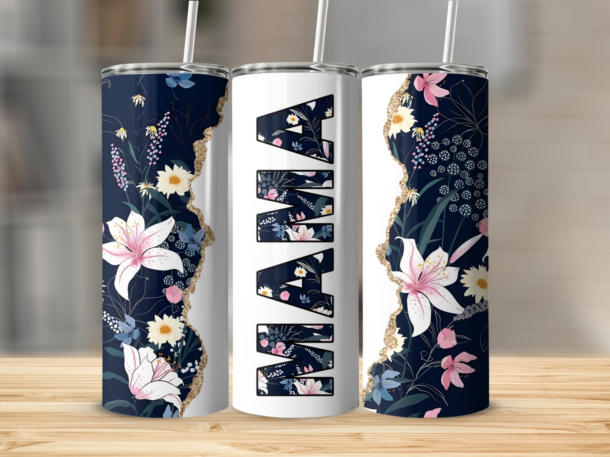 White tumbler with "MAMA" in large text and floral designs.