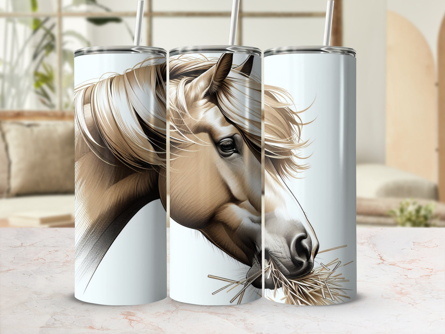 Blond horse with mane blowing in wind, eating hay, on three tumblers.