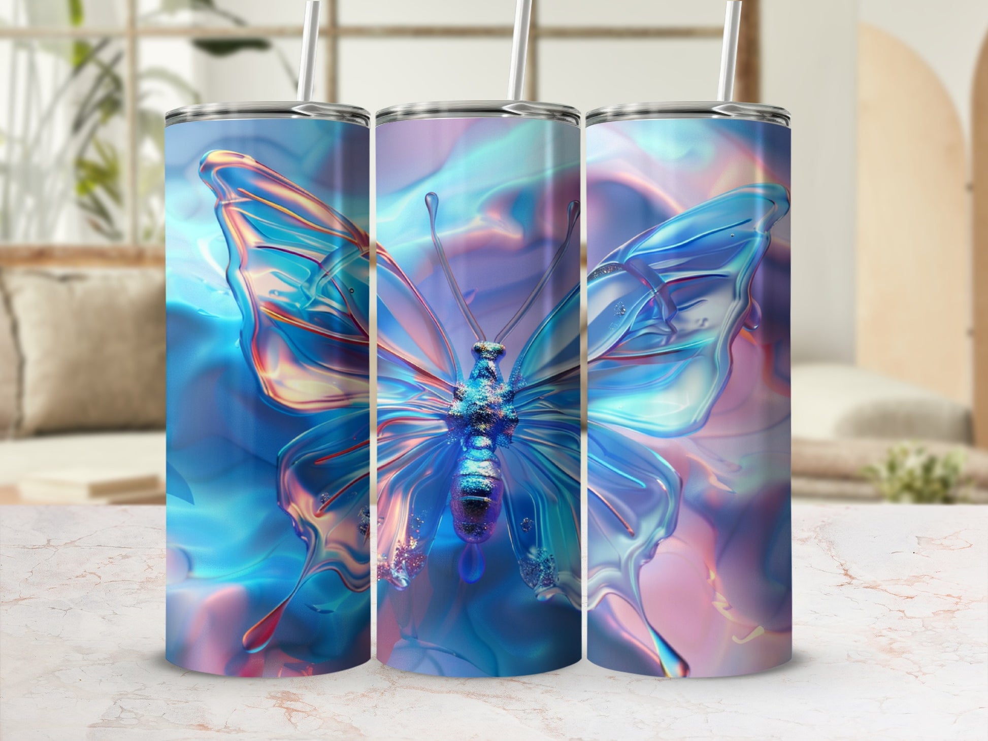 Three iridescent tumblers with a detailed, translucent butterfly design.